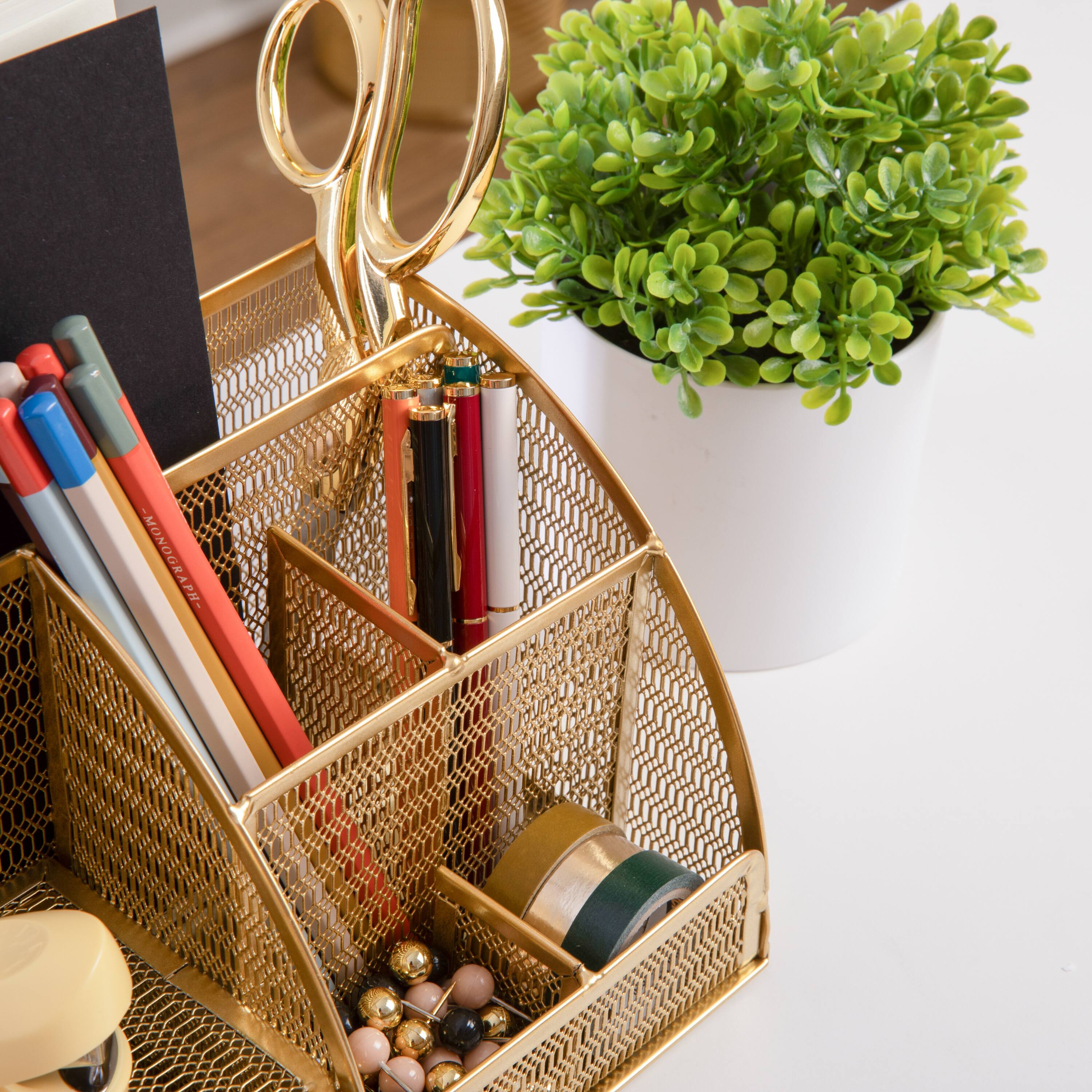 Alt View 15. Martha Stewart - Ryder Premium Mesh Metal Small Desktop Organizer With Drawer - Gold.