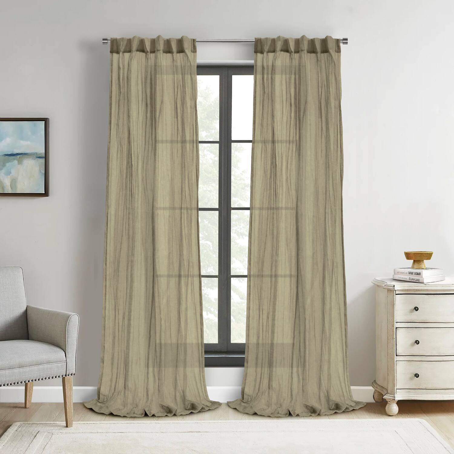 Angle. Commonwealth Home Fashions - Habitat 100% Polyester Paloma Sheer Broomstick Crushed Solid Dual Header Curtain Panel 52" x 84" Khaki - Khaki.