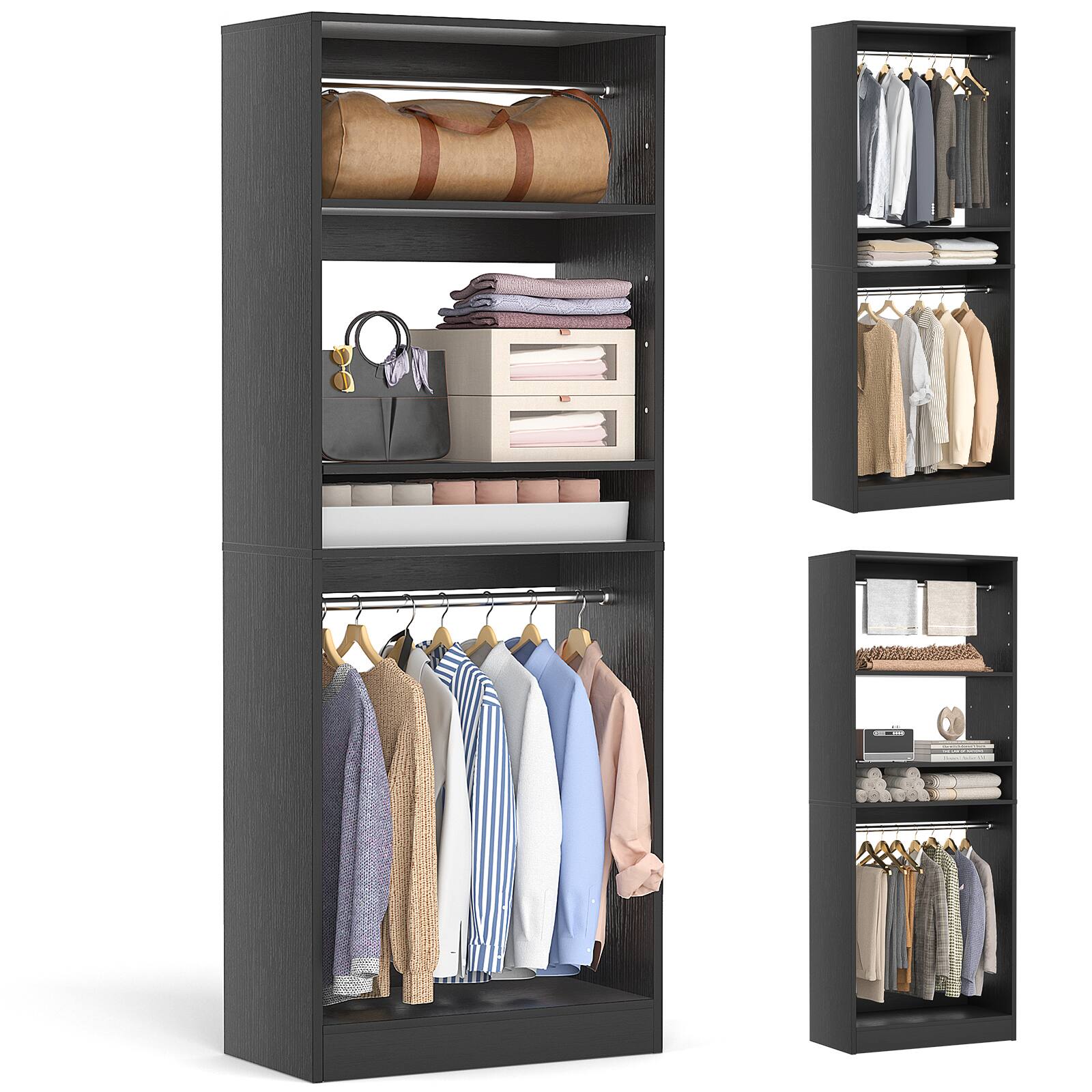 Angle. Aheaplus - 25'' Closet System with 2 Hanging Rods, Freestanding Closet Organizer System with Adjustable Shelves - Black.