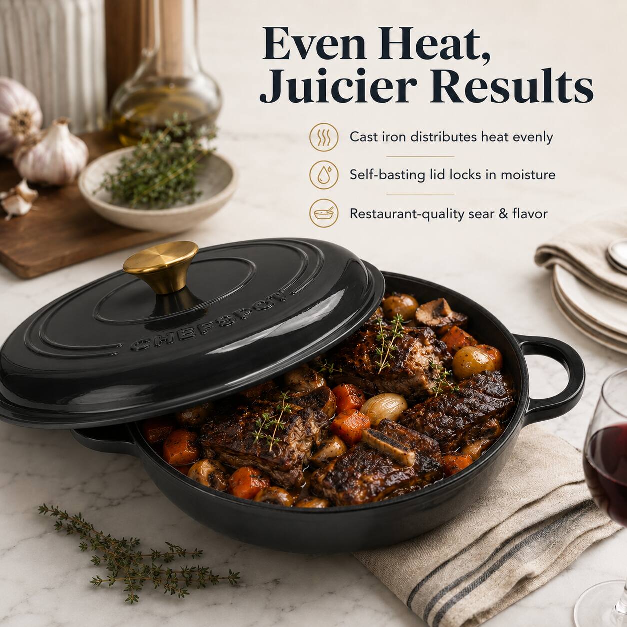 Even Heat, Juicier Results

- Cast iron distributes heat evenly
- Self-basting lid locks in moisture
- Restaurant-quality sear & flavor