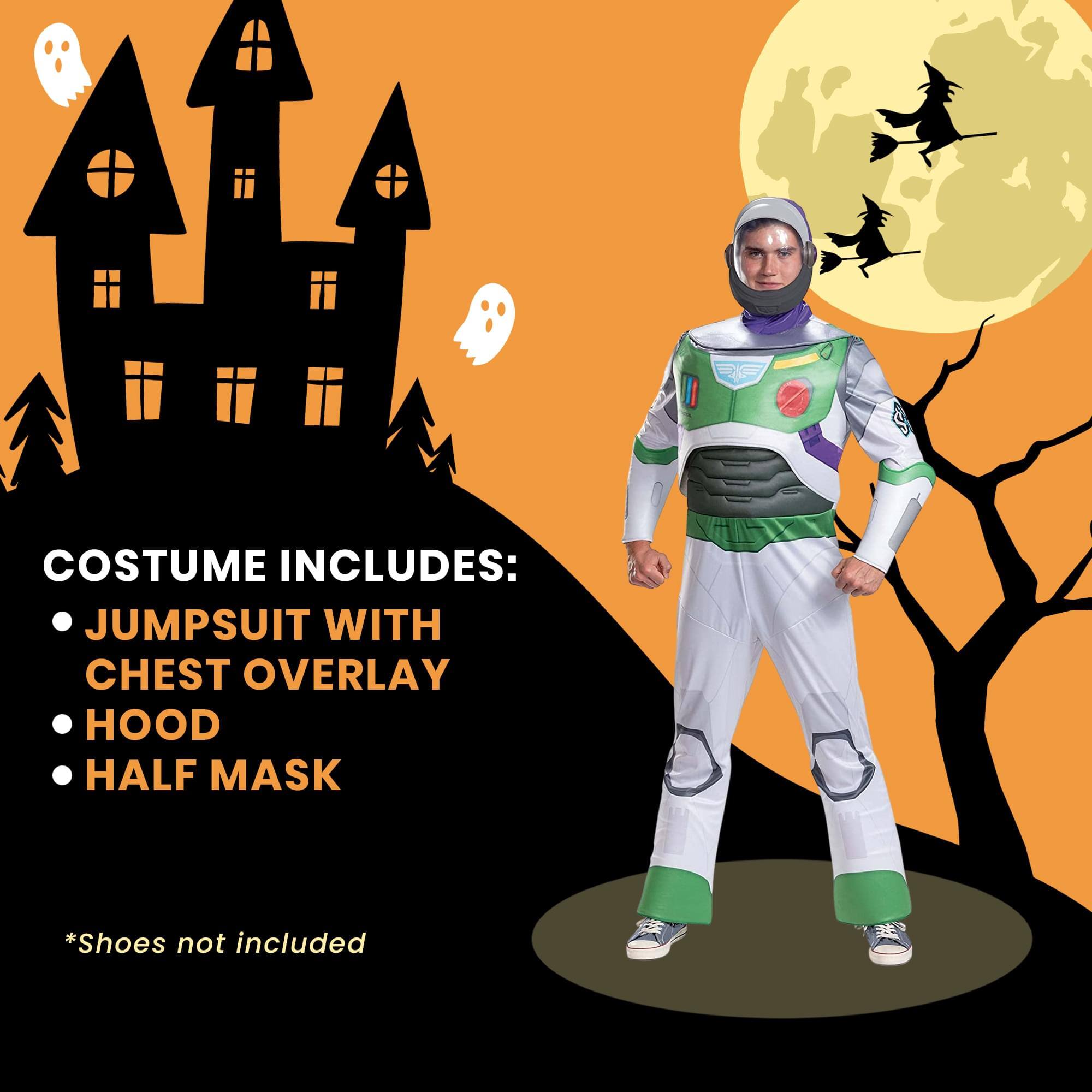 COSTUME INCLUDES:
- JUMPSUIT WITH CHEST OVERLAY
- HOOD
- HALF MASK

*Shoes not included
