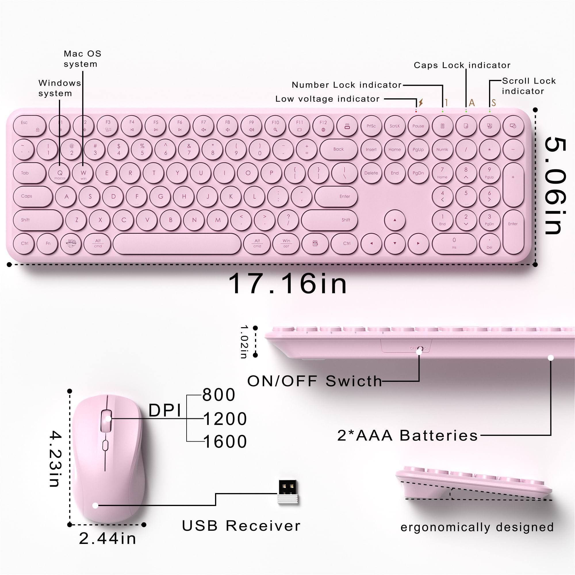 Mac OS system  
Windows system  

Caps Lock indicator  
Number Lock indicator  
Low voltage indicator  
Scroll Lock indicator  

17.16in  
5.06in  
4.23in  
2.44in  
1.02in  

ON/OFF Switch  
2*AAA Batteries  
USB Receiver  
ergonomically designed  

DPI  
800  
1200  
1600