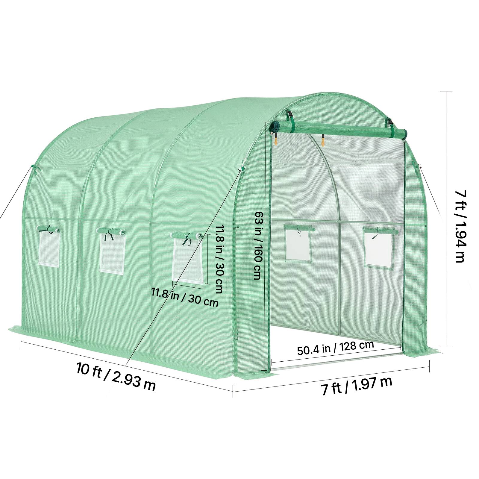 11.8 in / 30 cm  
63 in / 160 cm  
10 ft / 2.93 m  
7 ft / 1.94 m  
50.4 in / 128 cm  
7 ft / 1.97 m