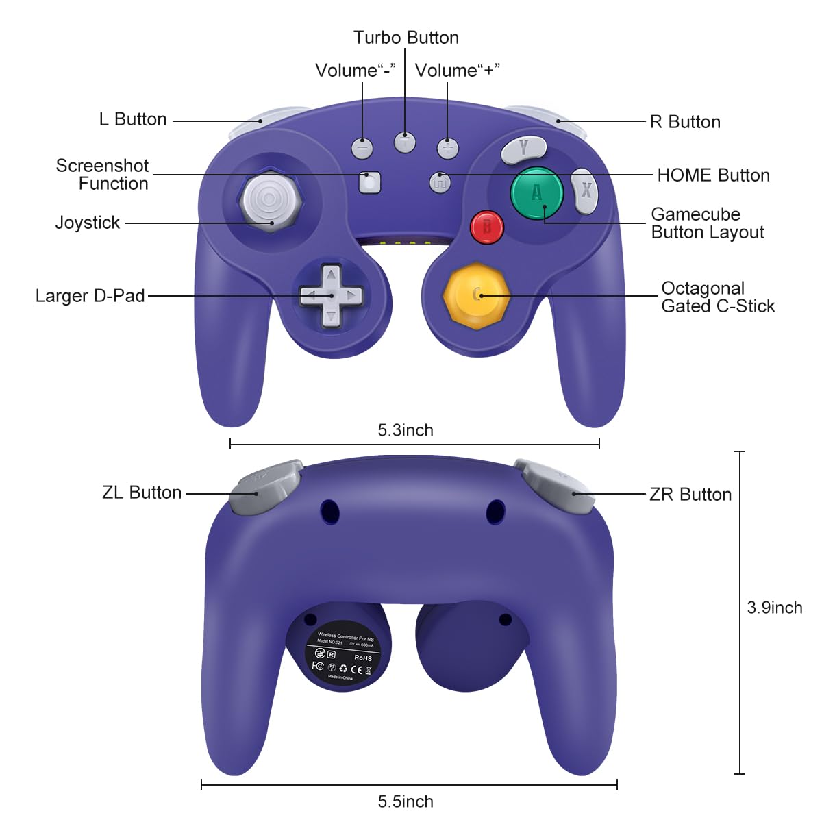 - Turbo Button
- Volume "-"
- Volume "+"
- L Button
- Screenshot Function
- Joystick
- Larger D-Pad
- R Button
- HOME Button
- Gamecube Button Layout
- Octagonal Gated C-Stick
- ZL Button
- ZR Button
- 5.3 inch
- 3.9 inch
- 5.5 inch