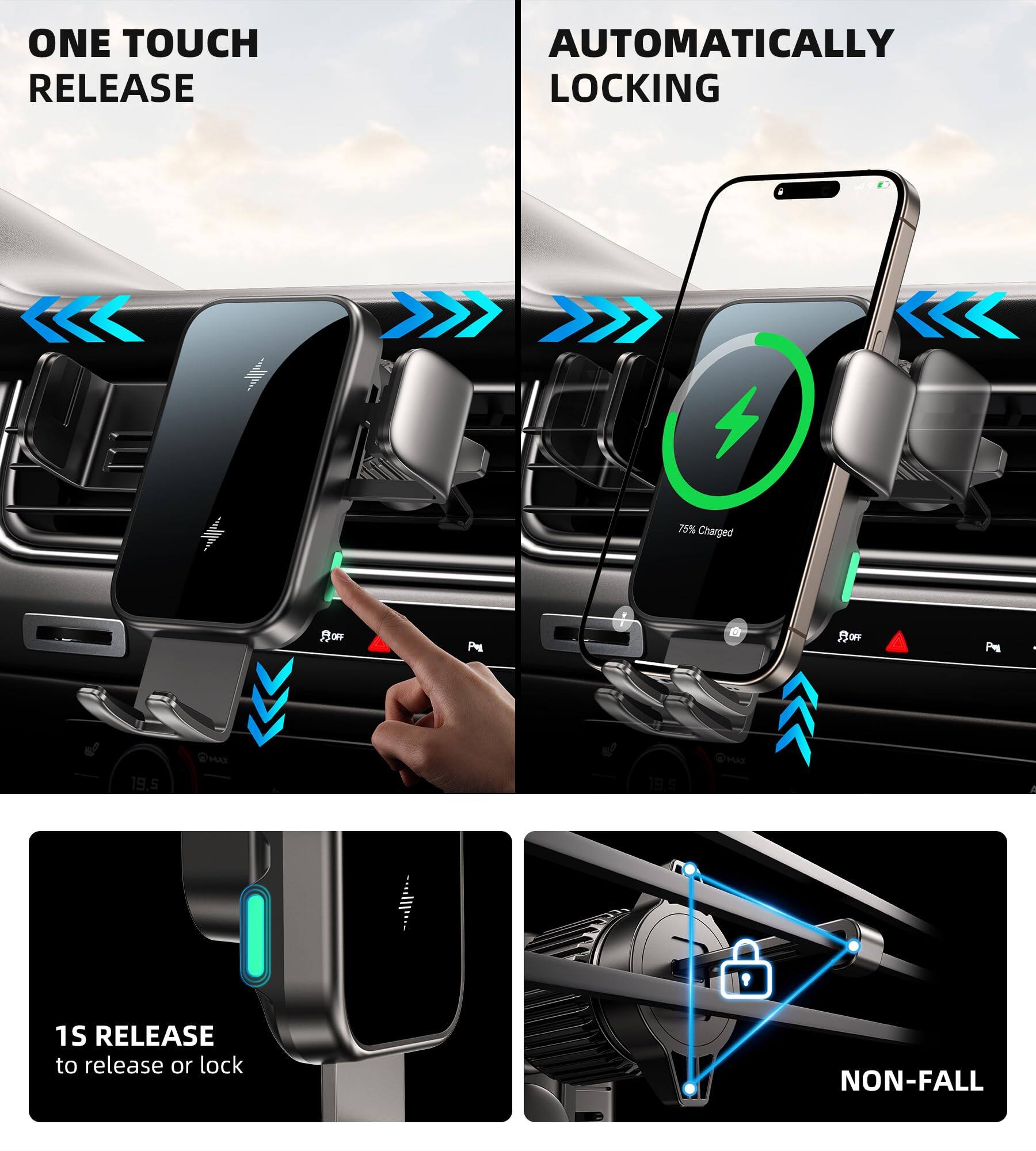 ONE TOUCH RELEASE

AUTOMATICALLY LOCKING

1S RELEASE to release or lock

NON-FALL