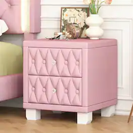Loheer - Velvet Nightstand with Two Drawers, Button-Tufted Design and Crystal Handles, 18.1 in - Pink