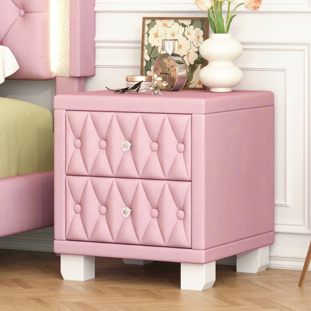 Front. Loheer - Loheer Pink Velvet Nightstand with Two Drawers, Button-Tufted Design and Crystal Handles, 18.1 in. - Pink.