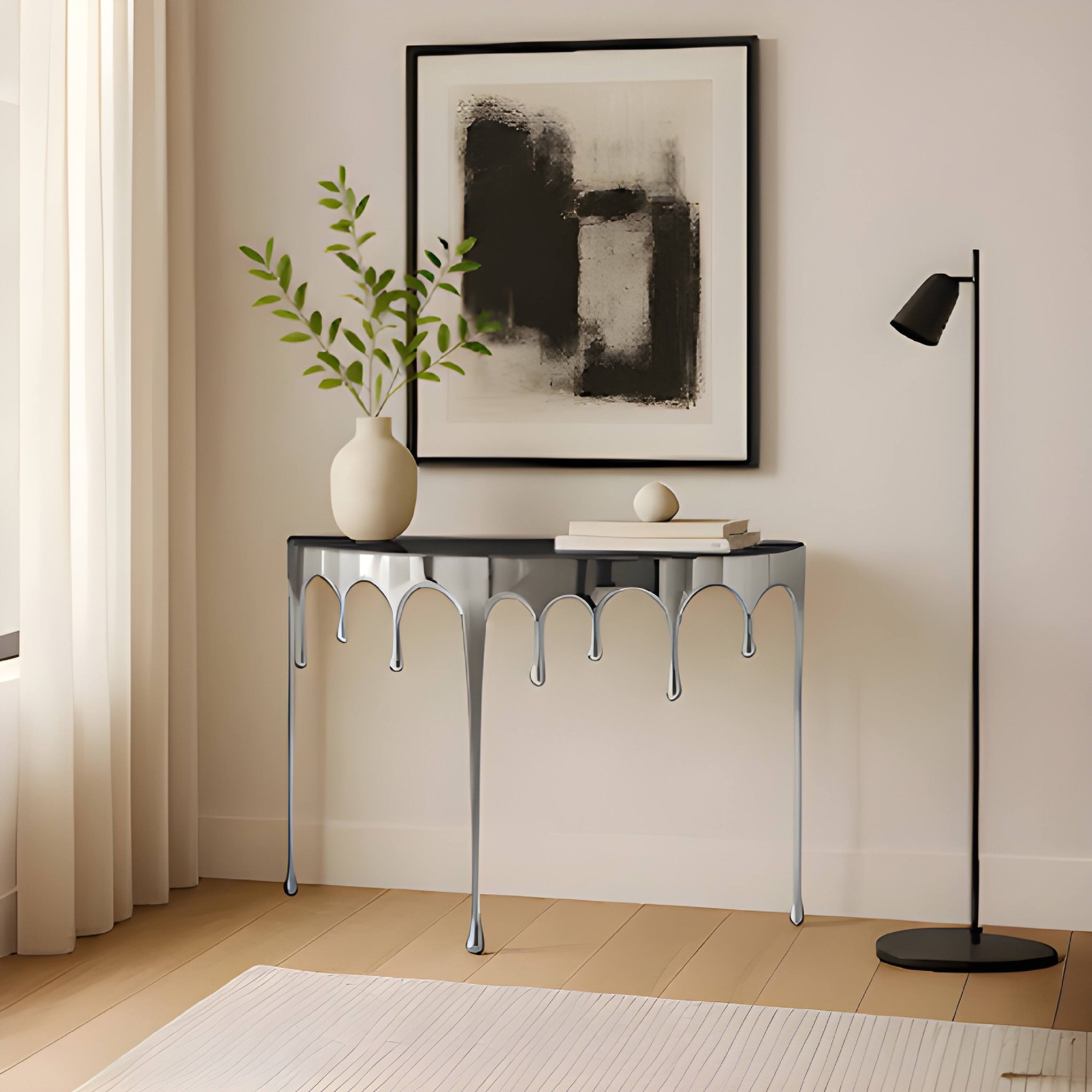 Alt View 10. Manhattan Lane - Capri Sofa Console Table | 36.25" Half Moon Glass Top | Melting Drip Design - Silver, Black.