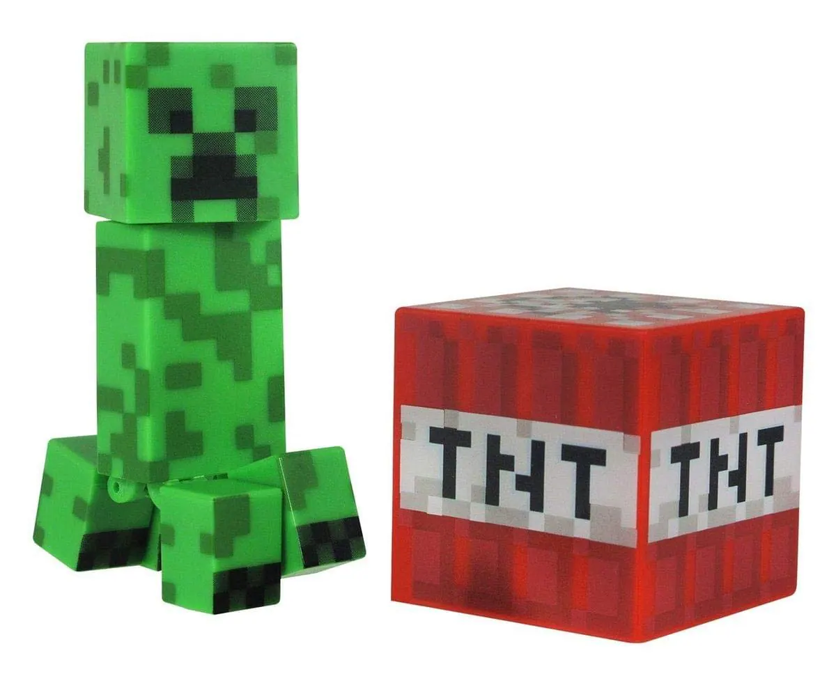 The image shows two pixelated figures resembling characters from Minecraft. On the left is a green Creeper, and on the right is a red TNT block.