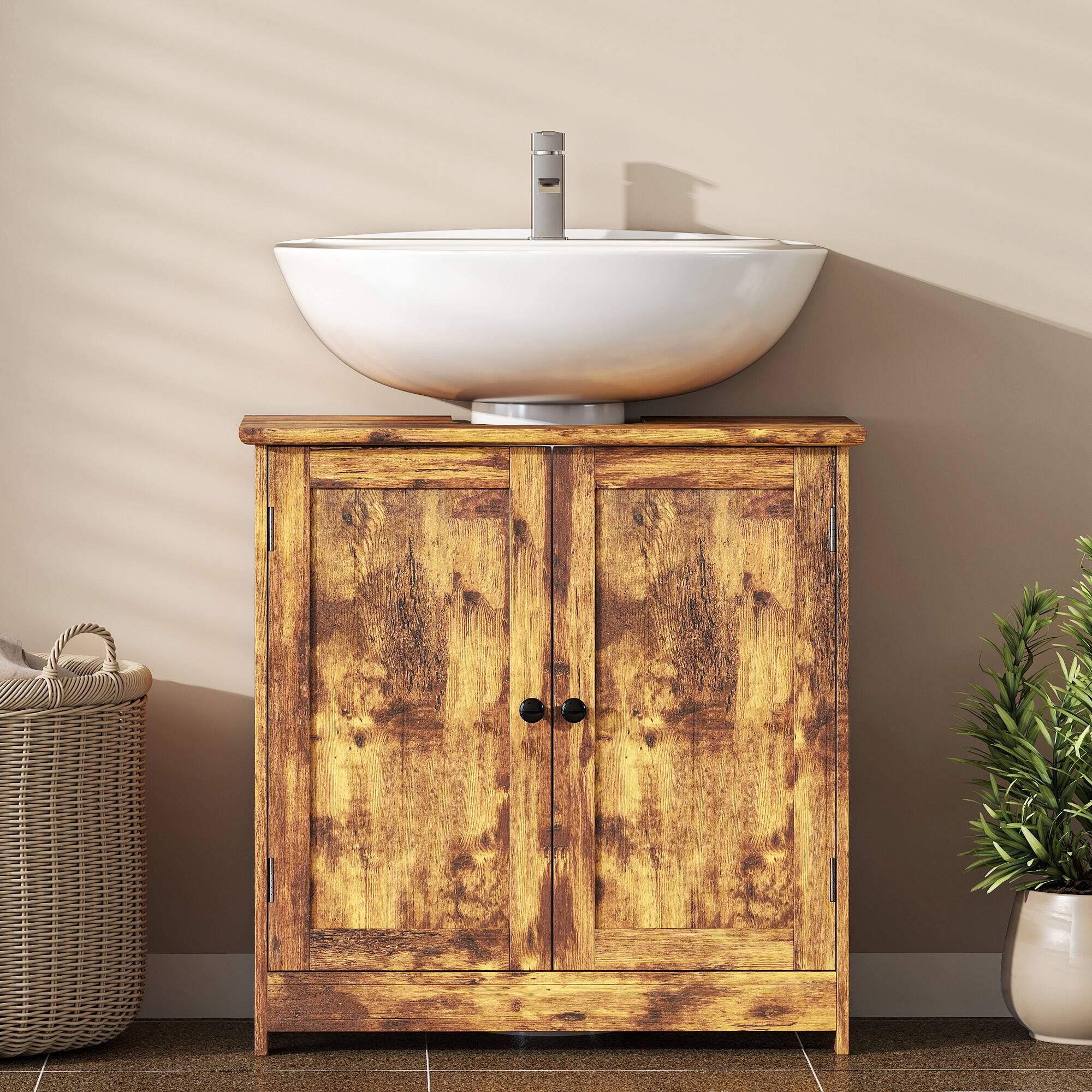 Alt View 2. Homcom - Under Sink Bathroom Cabinet, Pedestal Sink Storage Cabinet with 2 Doors, Shelf and U-Shape - Rustic Brown.