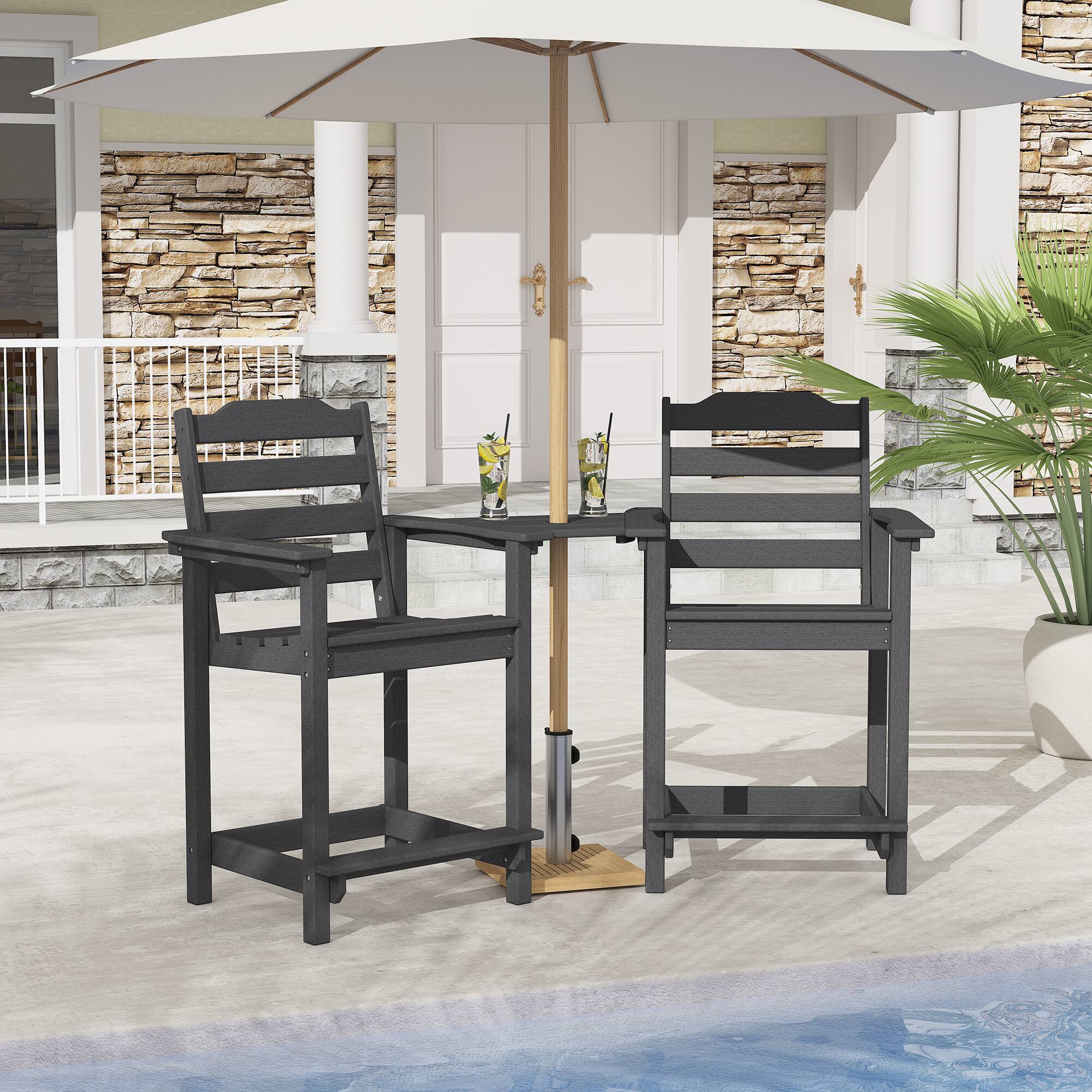 Left. Decksplore - 2-Pack HDPE Tall Chairs with Connecting Tray & Patio Footrest All-Weather Outdoor Use - Grey.