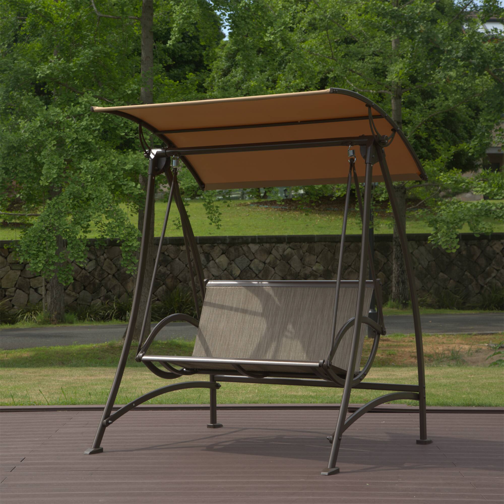 Left. Mondawe - 2-Seat Patio Swing Chair with Adjustable Canopy and Durable Steel Frame - Dark Brown.