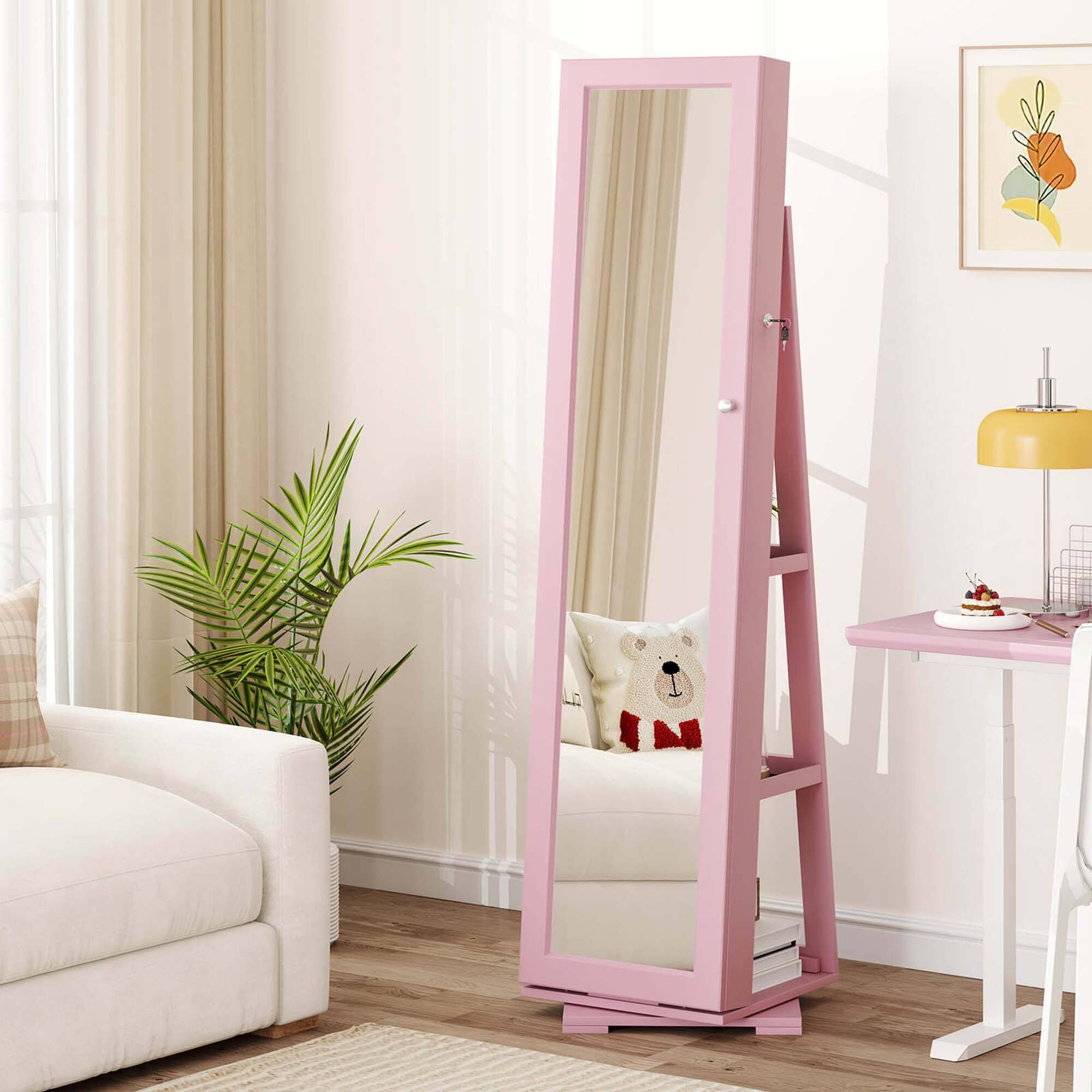 Alt View 4. Costway - Costway 360° Rotatable Jewelry Cabinet Armoire 2-in-1 Lockable Mirrored - Pink.