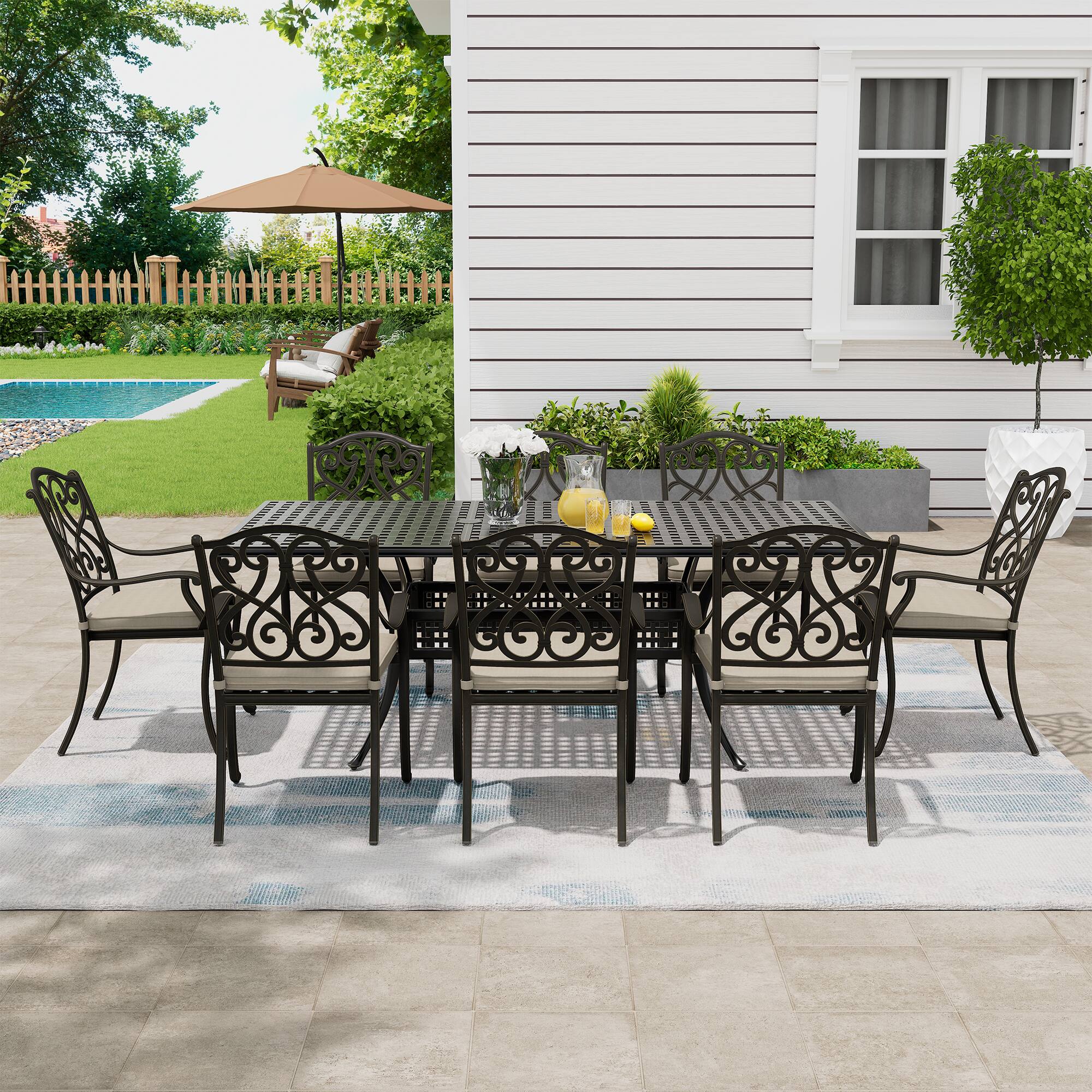 Left. Mondawe - 9 Piece Rectangular Outdoor Dining Set with Cushions - Black+Beige.