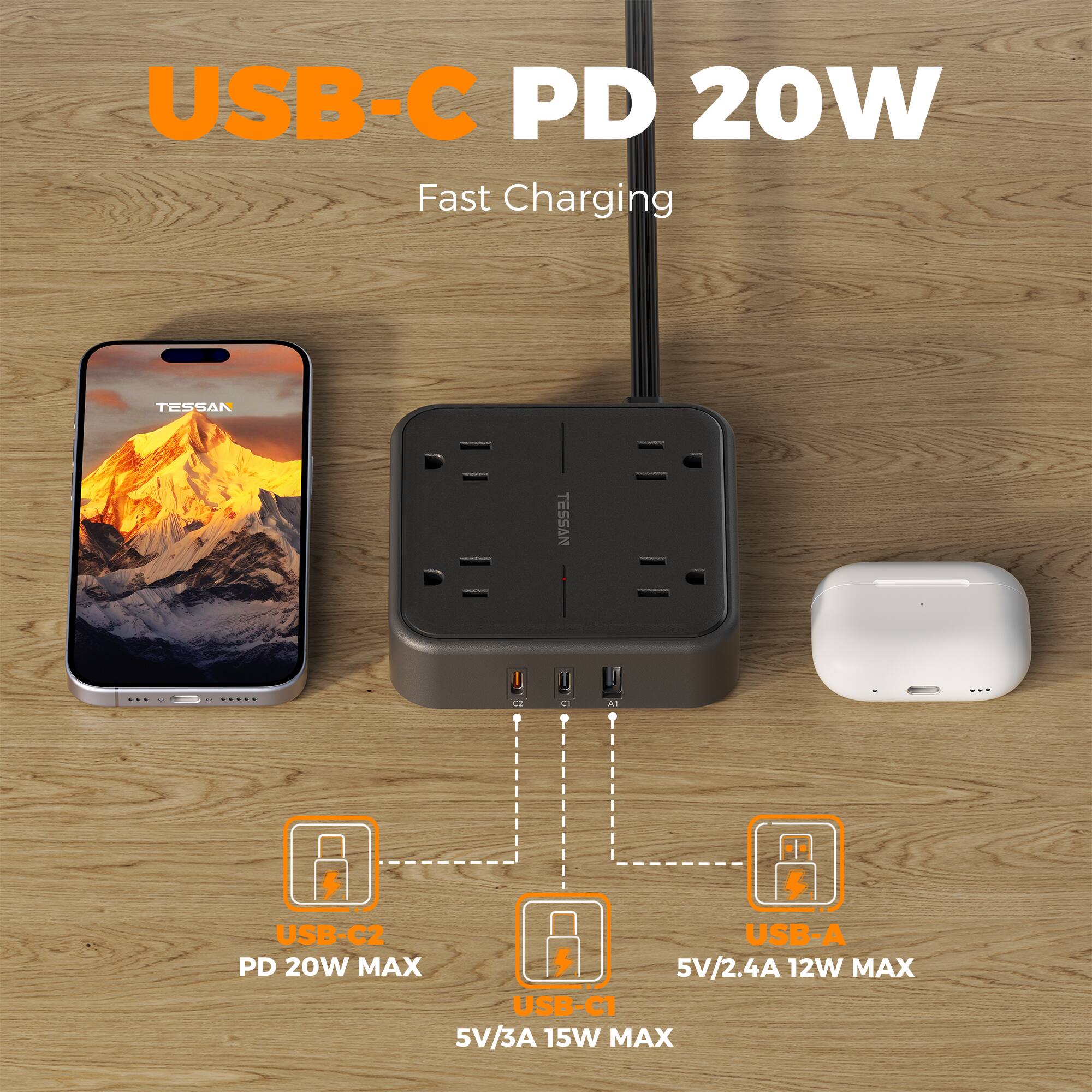 USB-C PD 20W Fast Charging

TESSAN

USB-C2 USB-A PD 20W MAX
5V/2.4A 12W MAX
USB-C1 5V/3A 15W MAX