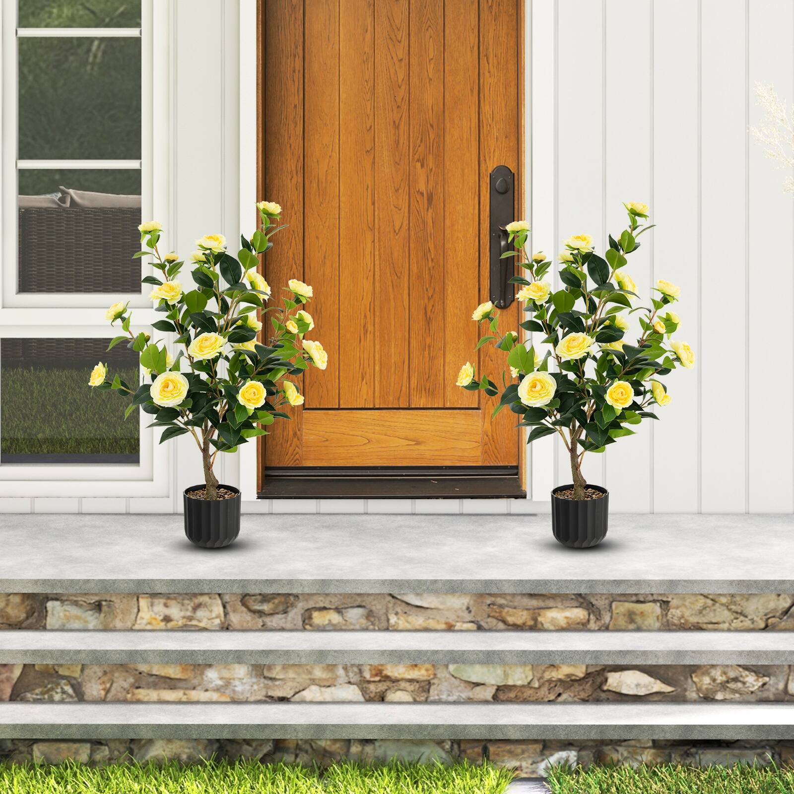 Alt View 3. Costway - Costway 1 PCS 38" Artificial Camellia Tree Faux Floral Plant Fake Tree for Decoration - Yellow.