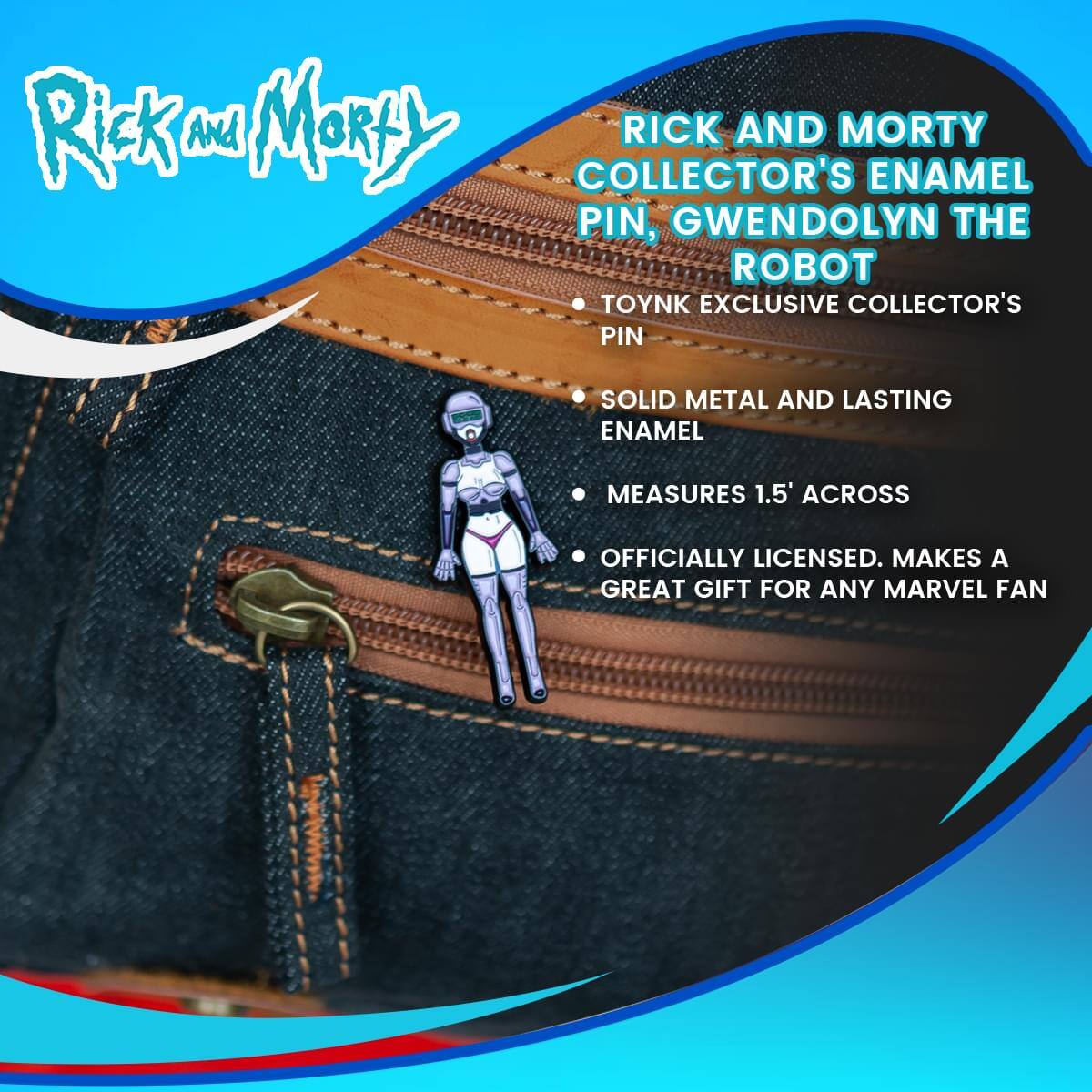 Rick and Morty Collector's Enamel Pin, Gwendolyn the Robot  
- Toynk Exclusive Collector's Pin  
- Solid Metal and Lasting Enamel  
- Measures 1.5" Across  
- Officially Licensed. Makes a Great Gift for Any Marvel Fan