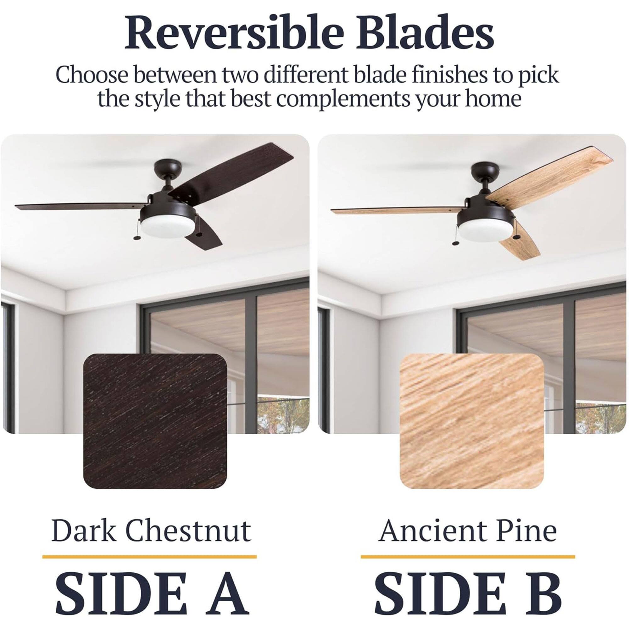 Reversible Blades

Choose between two different blade finishes to pick the style that best complements your home

Dark Chestnut SIDE A

Ancient Pine SIDE B