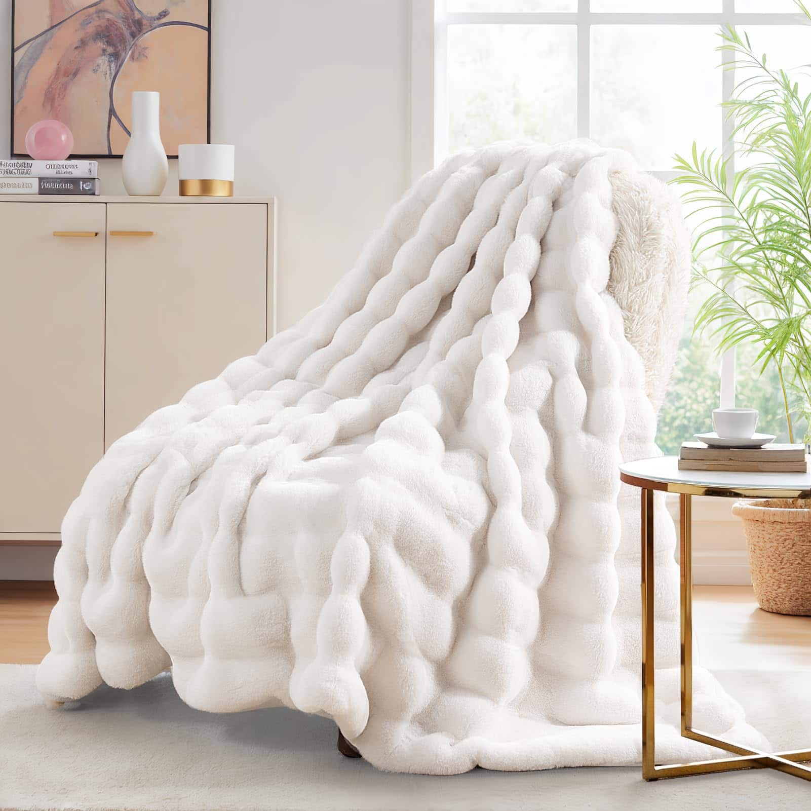 Refined Abode Design - Faux Throw Blanket Luxury Soft Decorative Cozy Plush Long Shaggy Fluffy For Sofa Couch Bed Living Room - White Throw(50" x 60")