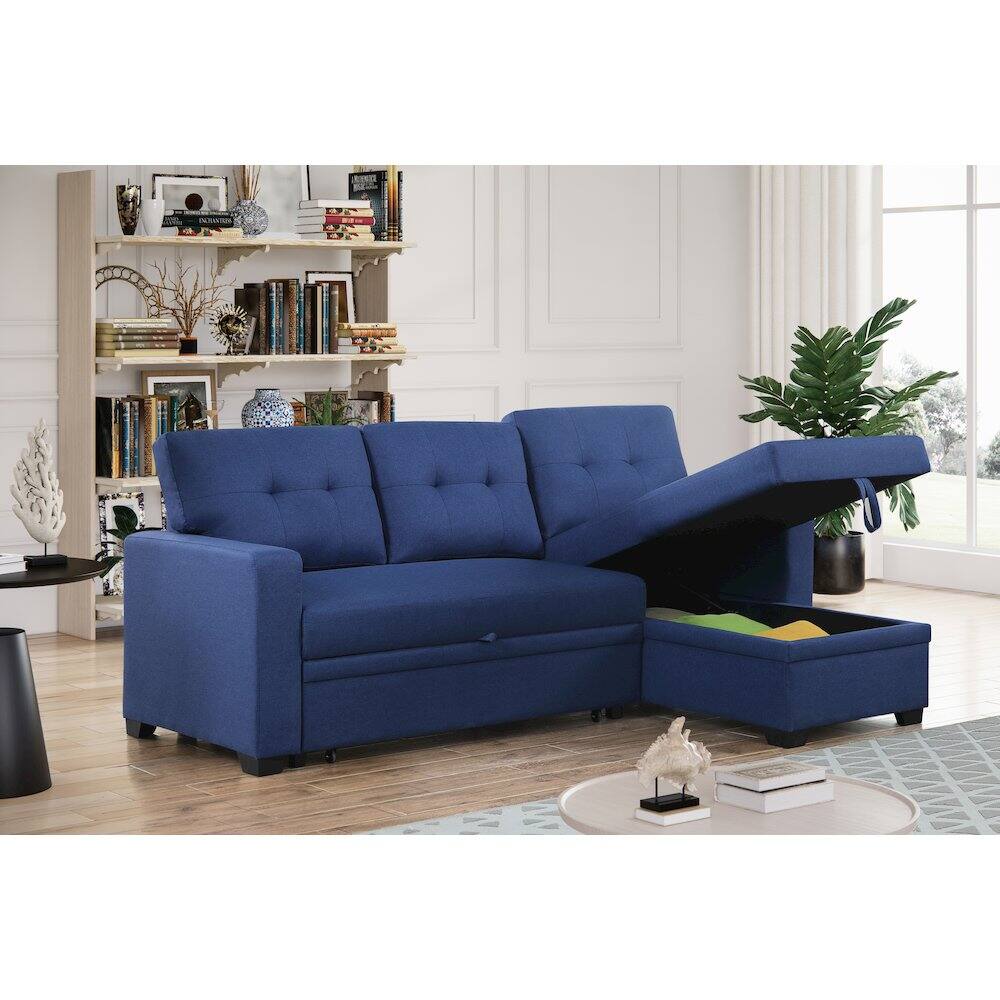 Back. Devion Furniture - Devion Furniture Polyester Fabric Reversible Sleeper Sectional Sofa-Blue - Blue.