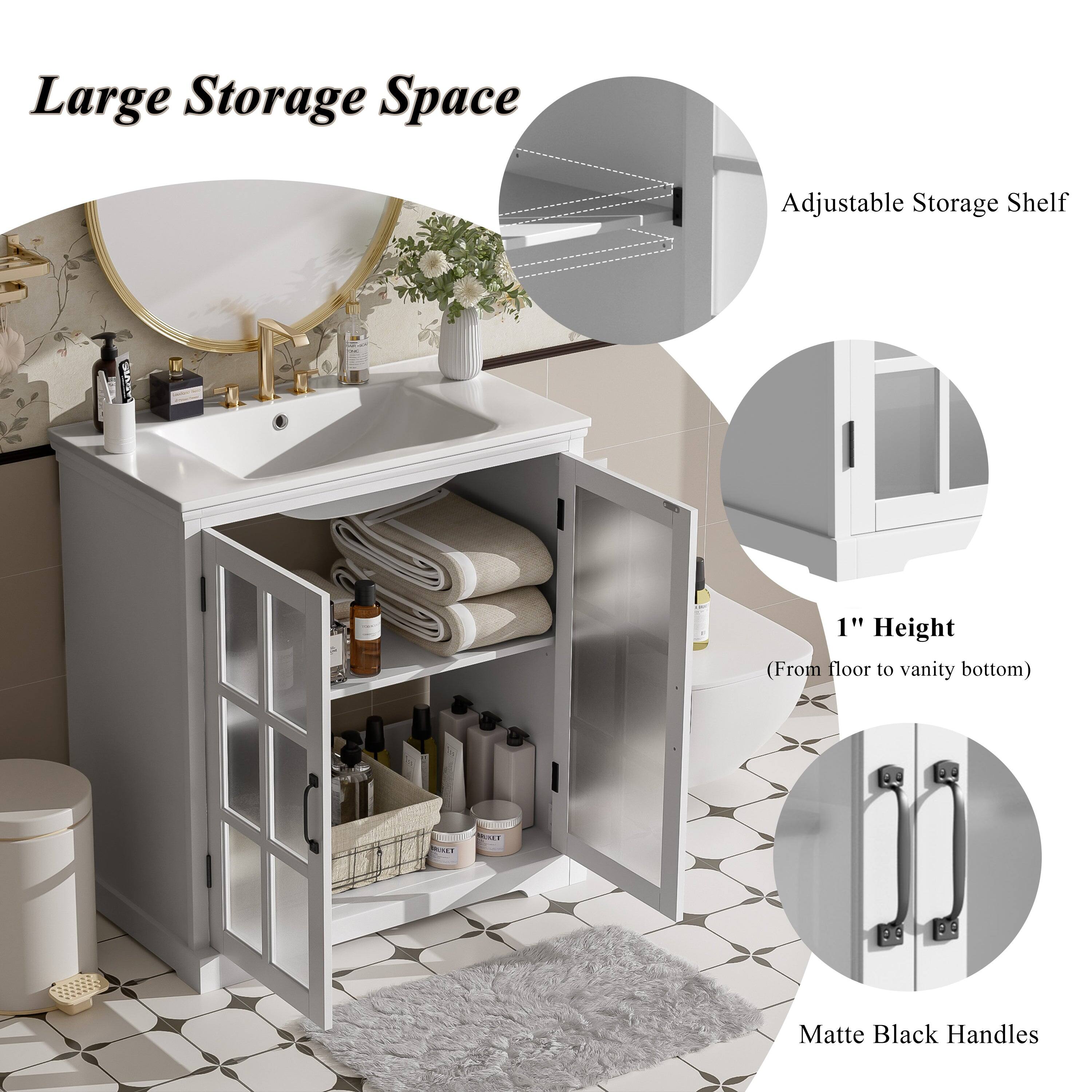 Large Storage Space

Adjustable Storage Shelf

1" Height  
(From floor to vanity bottom)

Matte Black Handles