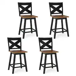 Gymax - 24'' Swivel Barstools Set of 4 w/Backrest Large Seat Footrest for Kitchen Island Walnut - Black