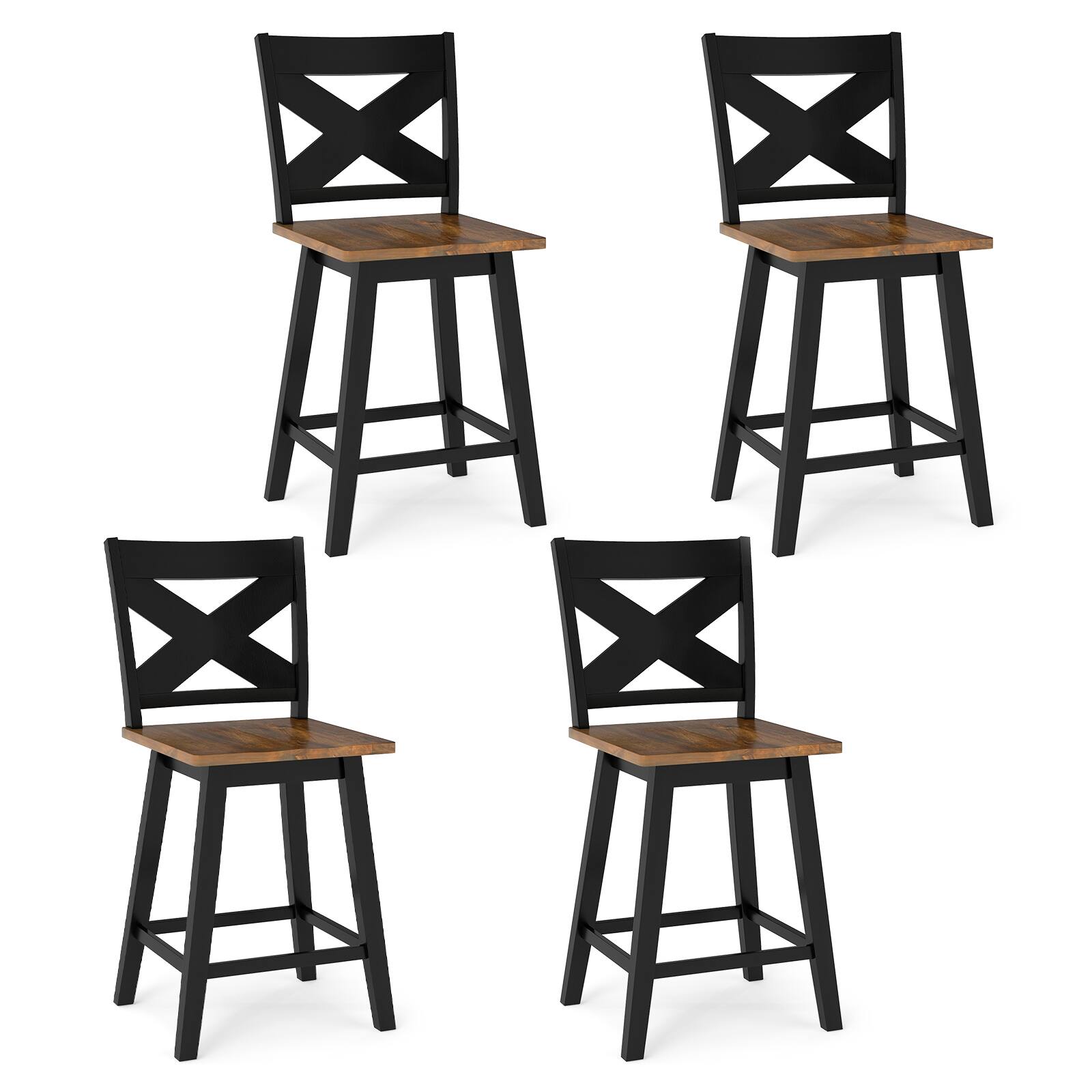 Front. Gymax - Gymax 24'' Swivel Barstools Set of 4 w/Backrest Large Seat Footrest for Kitchen Island Black & Walnut - Black.