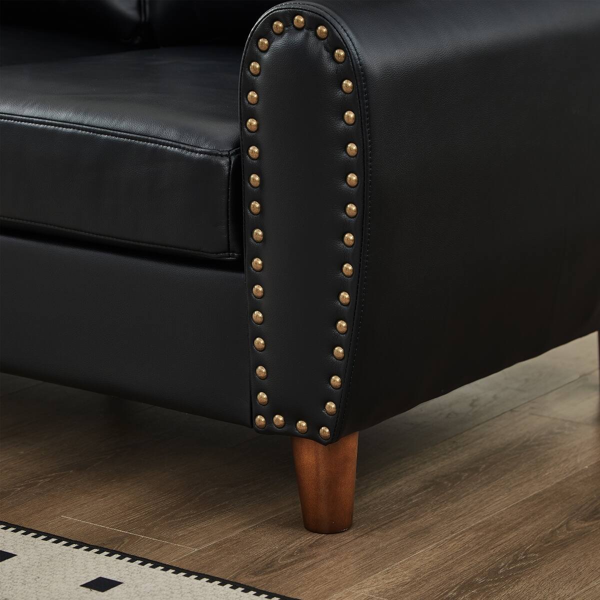 Alt View 2. Ropilly - Ropilly Black Faux Leather Sofa with Rolled Arms, Three Seat Living Room Couch with Solid Wood Legs - Black.