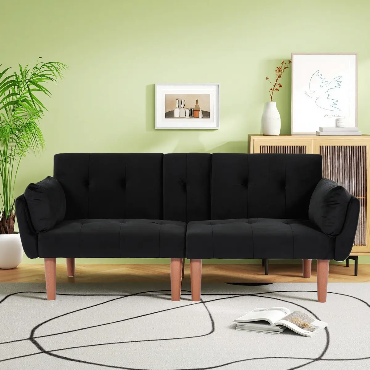 Front. Ropilly - Ropilly Black Velvet Loveseat, 72 Inch Foldable Sofa, 2 Person Couch for Living Room Apartment - Black.