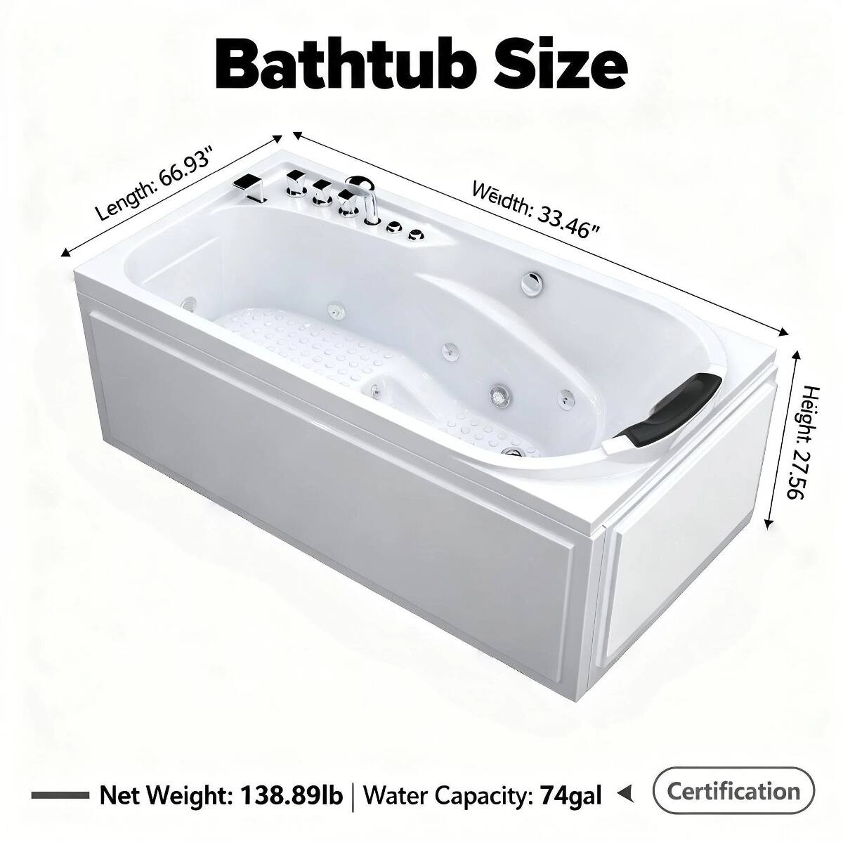Bathtub Size  
Length: 66.93"  
Width: 33.46"  
Height: 27.56"  
- Net Weight: 138.89lb  
- Water Capacity: 74gal  
Certification