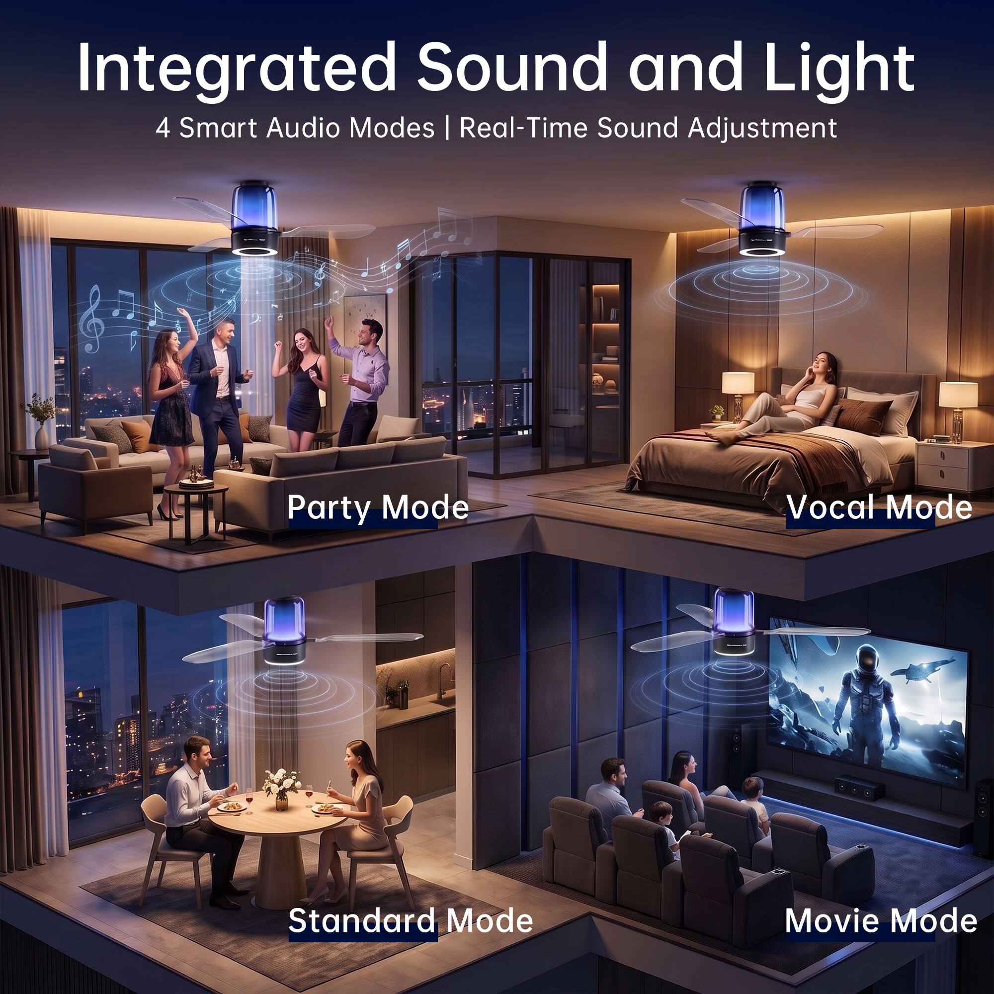 Integrated Sound and Light  
4 Smart Audio Modes | Real-Time Sound Adjustment  

Party Mode  
Vocal Mode  
Standard Mode  
Movie Mode