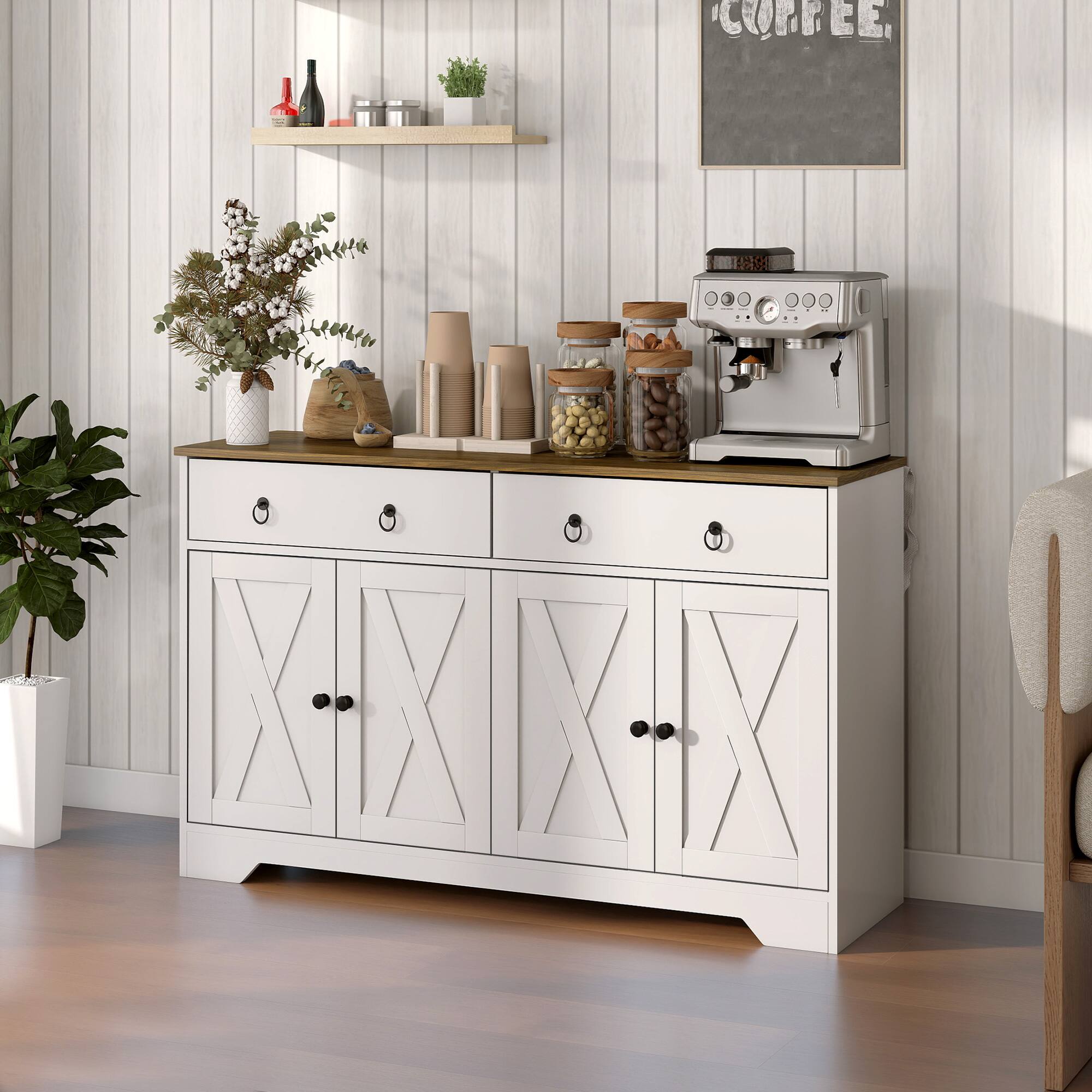 Alt View 1. Homcom - Storage Sideboard, Farmhouse Buffet Cabinet with Barn Style Doors, Drawers - White.