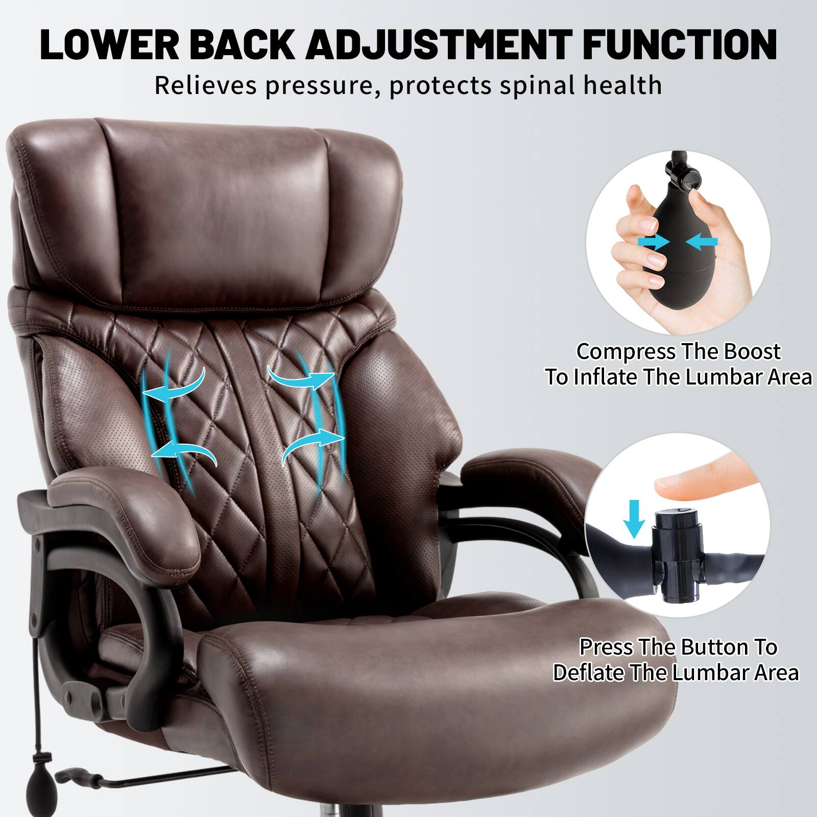 LOWER BACK ADJUSTMENT FUNCTION  
Relieves pressure, protects spinal health  

Compress The Boost To Inflate The Lumbar Area  

Press The Button To Deflate The Lumbar Area