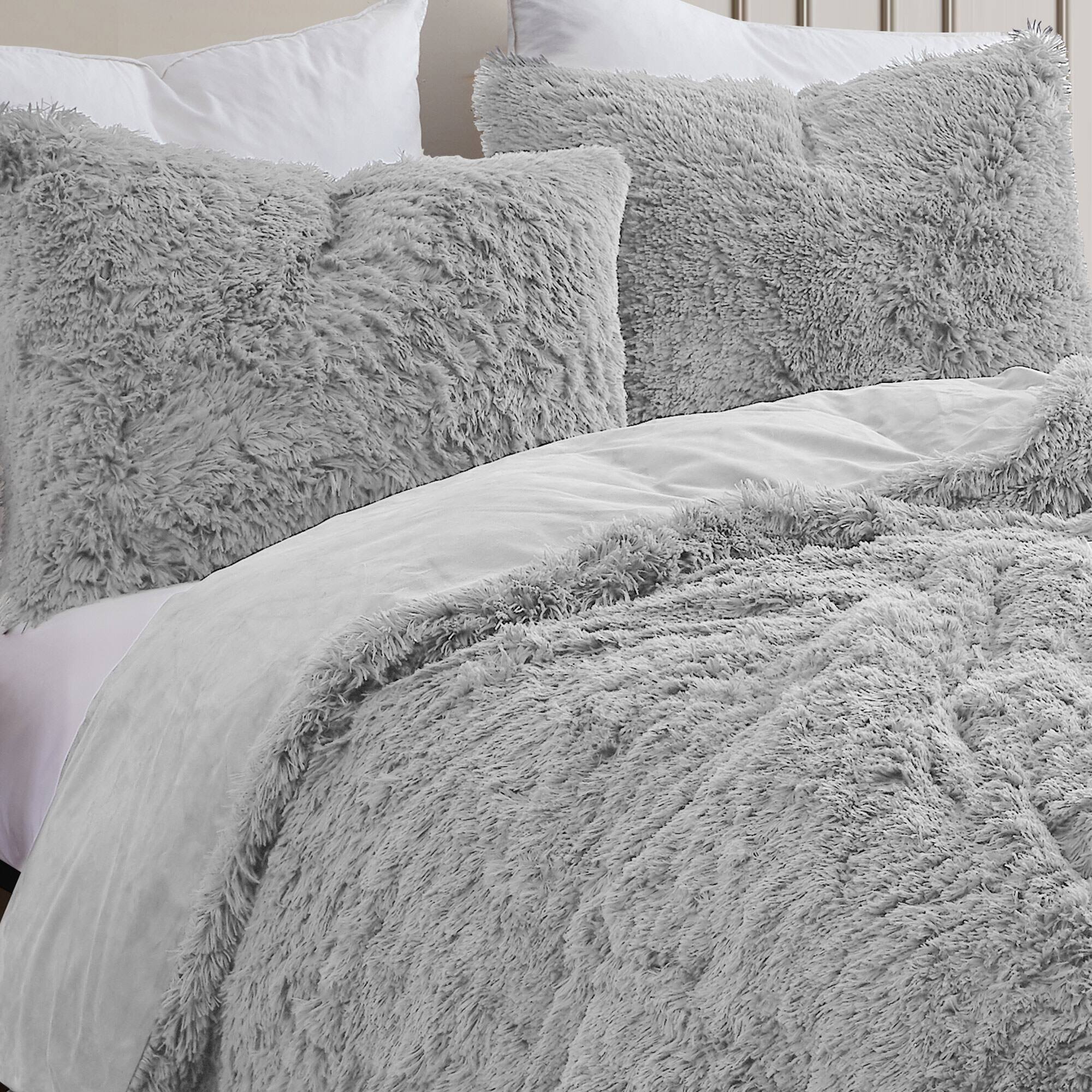 Back. Sweet Home Collection - 3 Piece Plush Shaggy Comforter  and Pillow Sham, Ultra Soft Faux Fur Decorative Bedding - Queen - Silver.