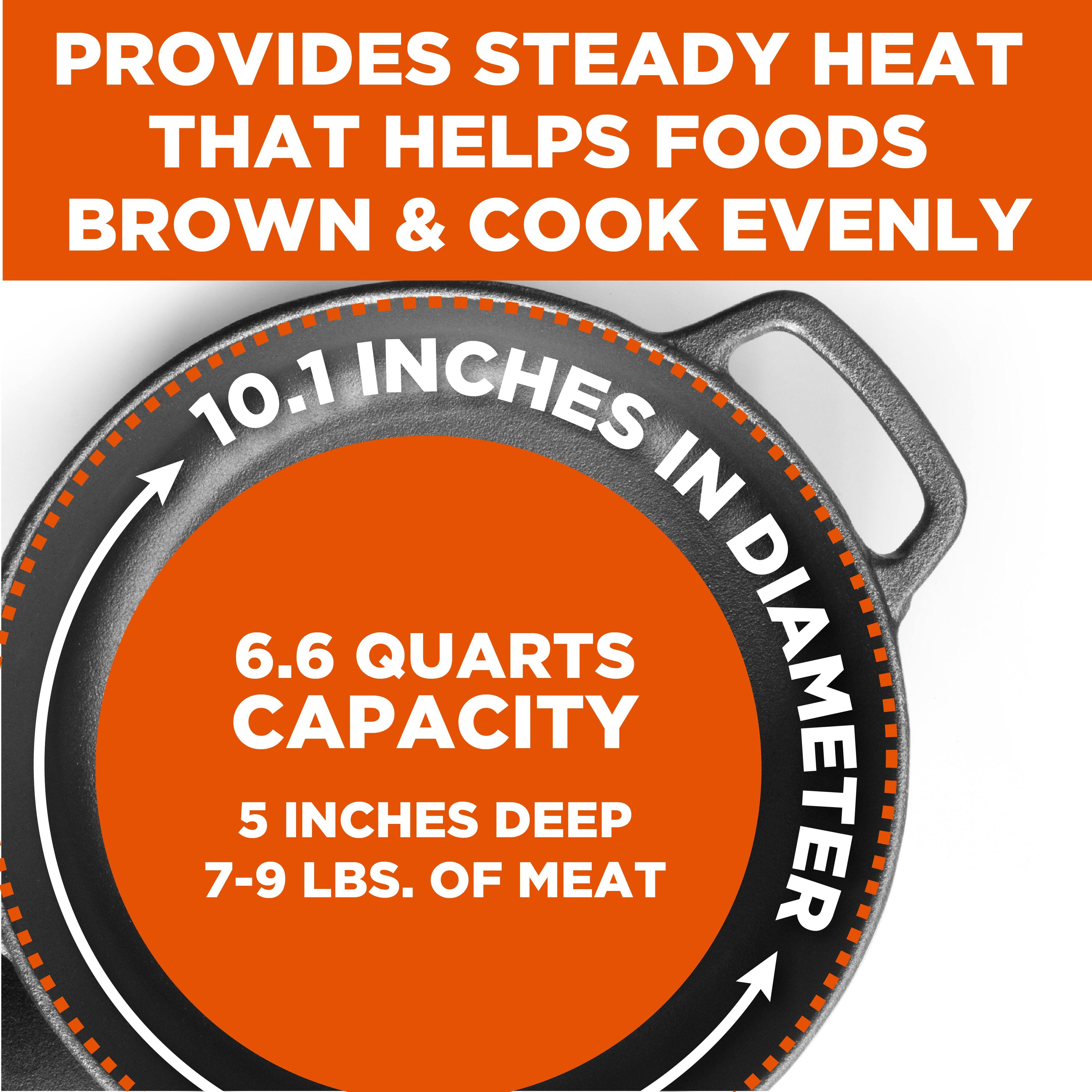 PROVIDES STEADY HEAT THAT HELPS FOODS BROWN & COOK EVENLY, 10.1 INCHES IN DIAMETER, 6.6 QUARTS CAPACITY, 5 INCHES DEEP, 7-9 LBS. OF MEAT