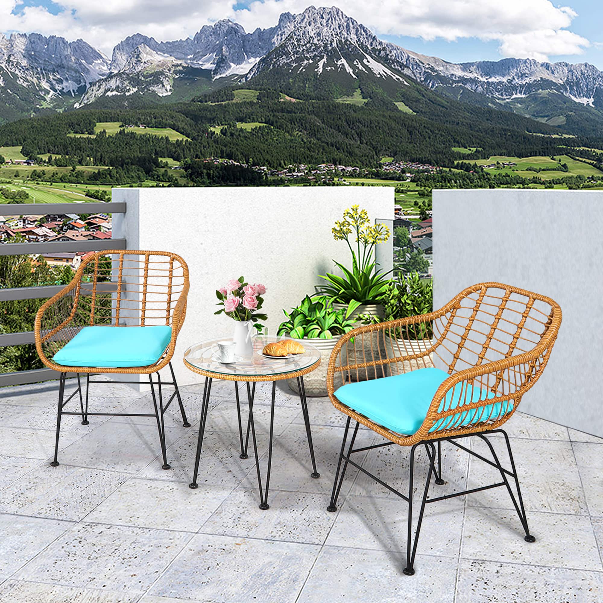 Gymax - 3PCS Rattan Patio Bistro Set Conversation Furniture Set w/ Cushions - Turquoise price history on PriceWatchPro