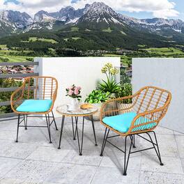 Gymax - 3PCS Rattan Patio Bistro Set Conversation Furniture Set w/ Cushions - Turquoise