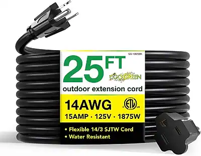 00-138258K 25 FT GOGREEN outdoor extension cord 14AWG C ETL US 15AMP 125V 1875W
Flexible 14/3 SJTW Cord Water Resistant