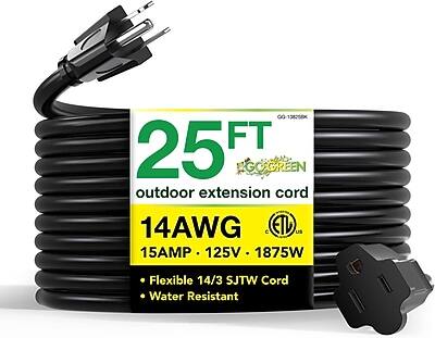 00-138258K 25 FT GOGREEN outdoor extension cord 14AWG C ETL US 15AMP 125V 1875W  
Flexible 14/3 SJTW Cord Water Resistant