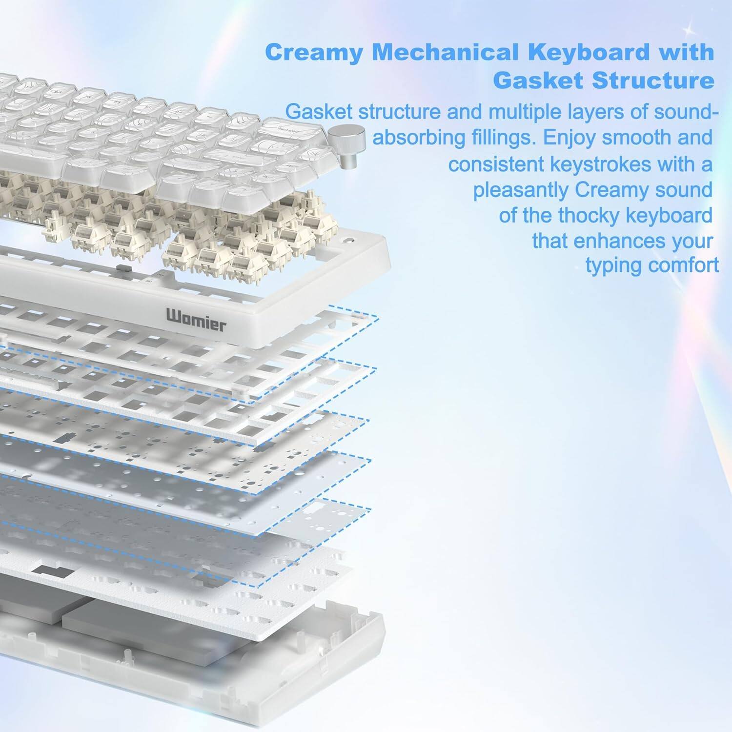 Creamy Mechanical Keyboard with Gasket Structure

Gasket structure and multiple layers of sound-absorbing fillings. Enjoy smooth and consistent keystrokes with a pleasantly Creamy sound of the thocky keyboard that enhances your typing comfort.