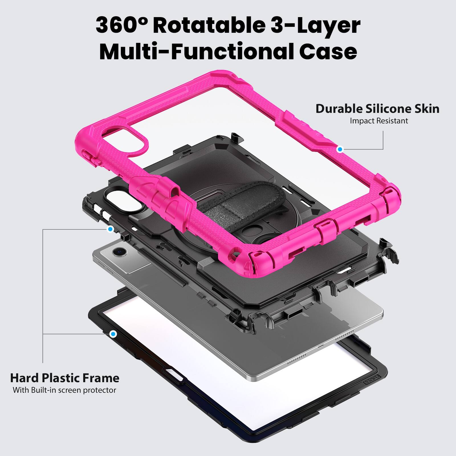 360° Rotatable 3-Layer Multi-Functional Case

Durable Silicone Skin
Impact Resistant

Hard Plastic Frame
With Built-in screen protector