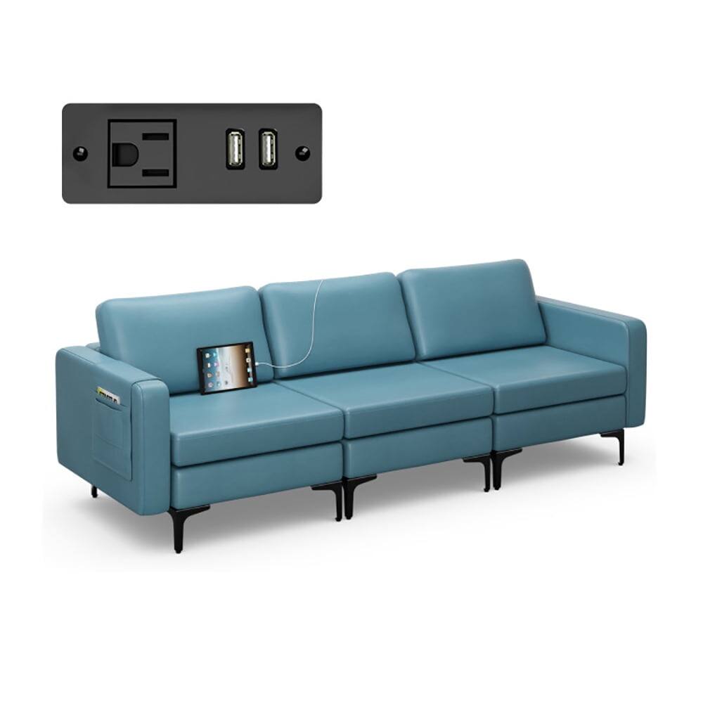 Angle. Kadyn - Convertible Leather Sofa Couch with Magazine Pockets 3-Seat with 2 USB Port-Blue, Sectional Sofa Couch - Blue.