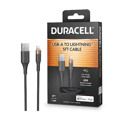 DURACELL
USB-A TO LIGHTNING®
5FT CABLE
Fast Charge
Carga rápida
Braided Strength
Fuerza trenzada
Made for
iPhone | iPad
5FT
1.5M
IN THE BOX / CONTENIDO: USB Cable