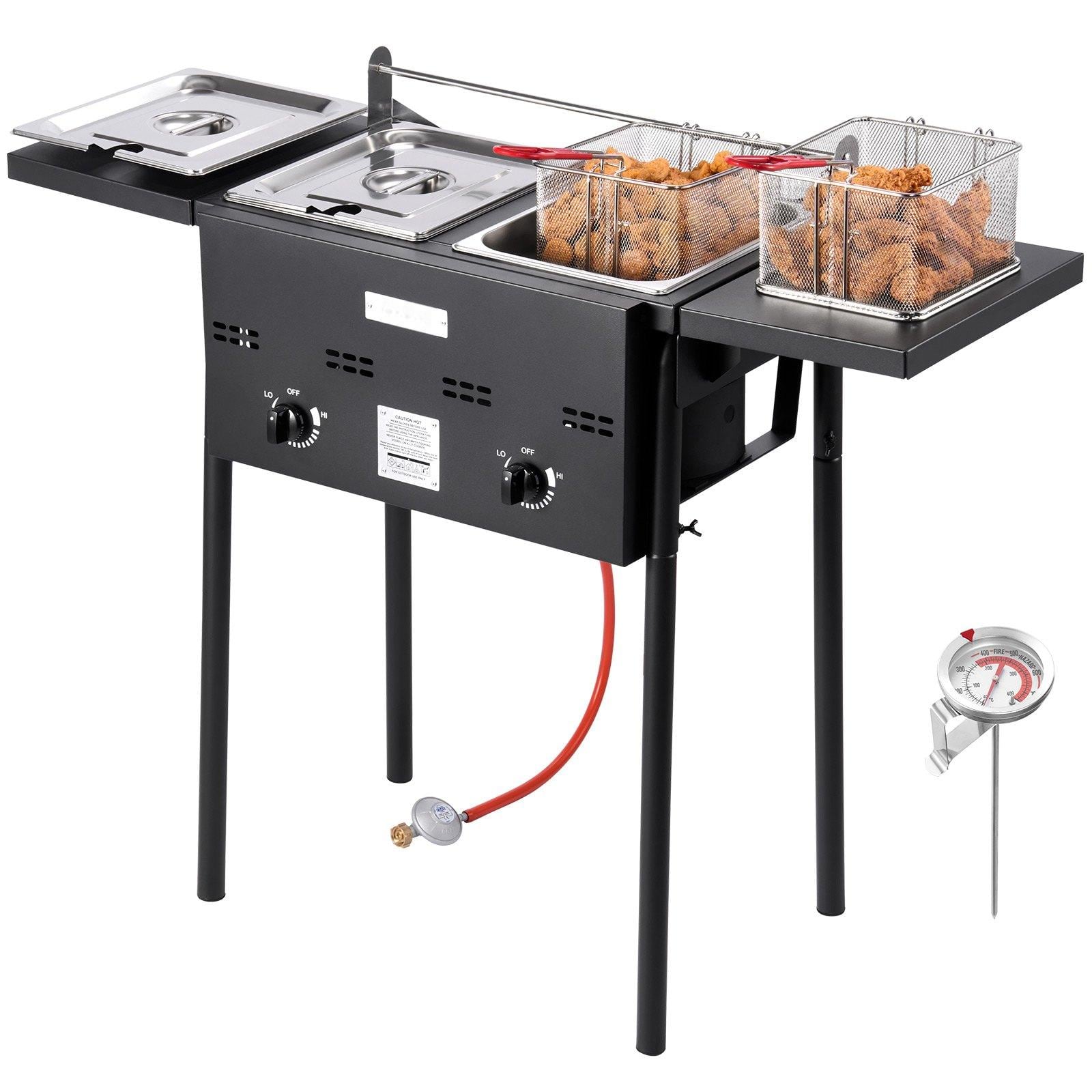 Glintex - Outdoor Propane Deep Fryer Dual Tank 8Qt x2 Stainless Steel Cooker Foldable Platform with Basket and Heat Adjustment - Black/Silver