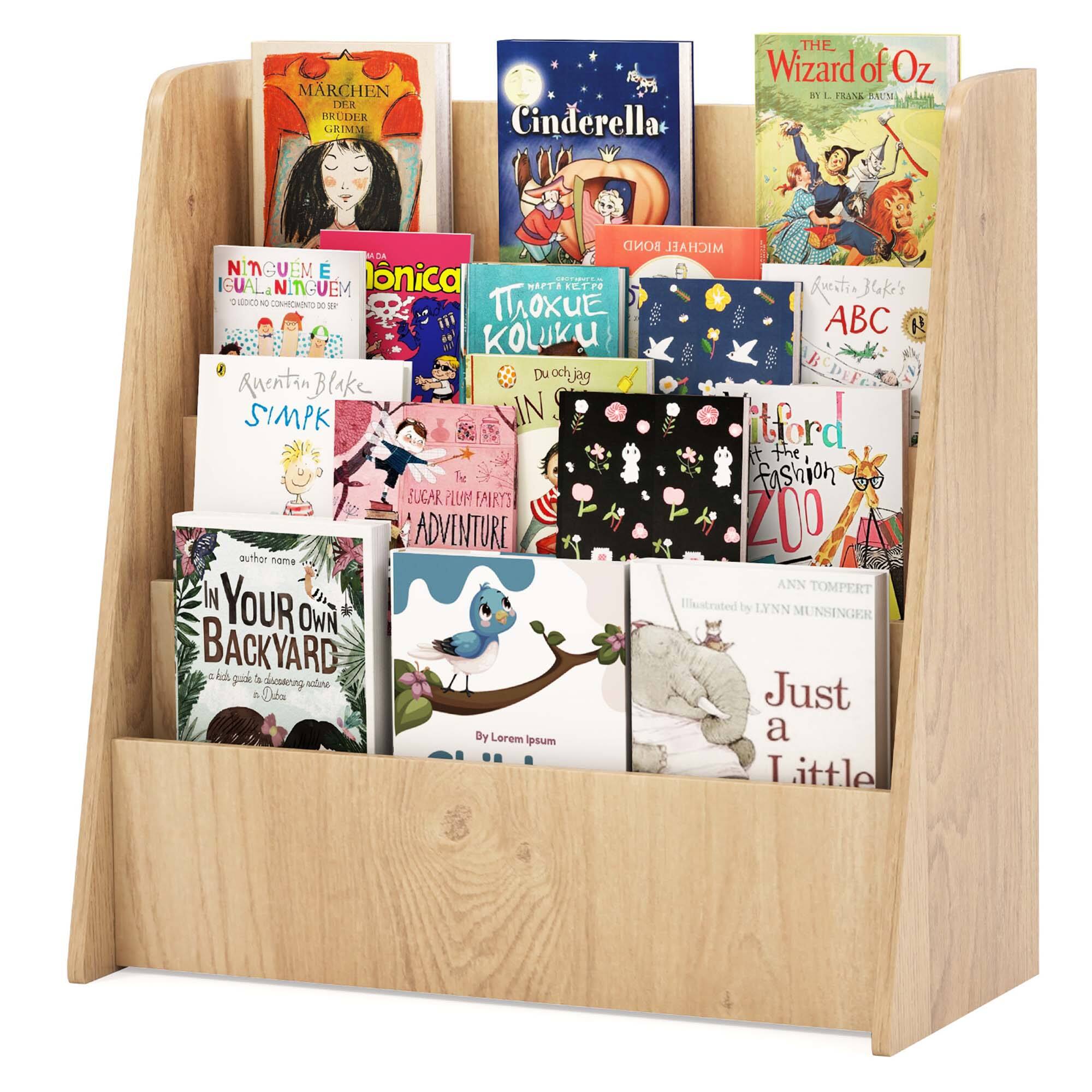 The image shows a wooden bookshelf filled with a variety of children's books. The books are arranged in different sections, including a section for fairy tales and a section for adventure books. Some of the books are illustrated, adding to the visual appeal of the bookshelf. The bookshelf is filled with books such as "Cinderella," "The Wizard of Oz," "Your Backyard," "Just a Little," and "Fairy Adventures." The books are organized neatly, making it easy for children to find and choose their desired book.