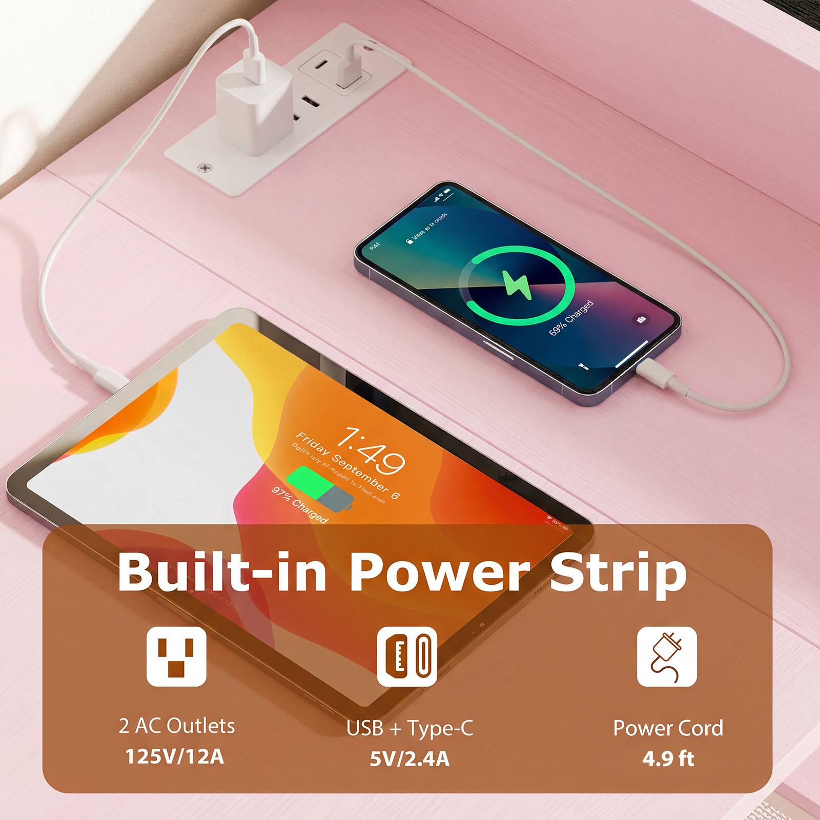 a BP95  
Charged PoC 69%  
a Bel Friday 1:49 NTF  
.t oun! September  
97% Thu! 6 uE  
Charged Built-in Power Strip  
I 2 AC Outlets 125V/12A  
USB + Type-C 5V/2.4A  
Power Cord 4.9 ft