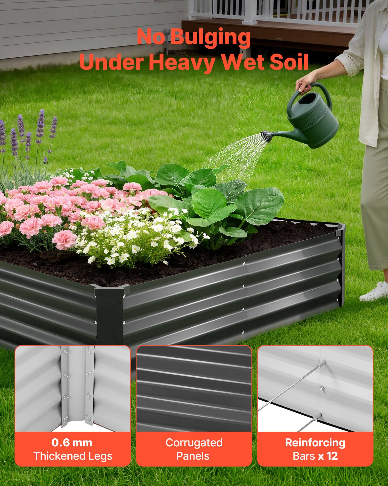 No Bulging Under Heavy Wet Soil  
0.6 mm Thickened Legs  
Corrugated Panels  
Reinforcing Bars x 12