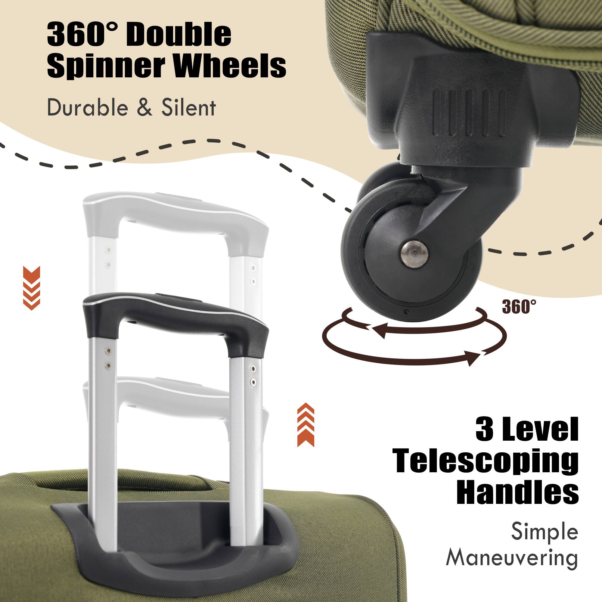 360° Double Spinner Wheels  
Durable & Silent  

3 Level Telescoping Handles  
Simple Maneuvering