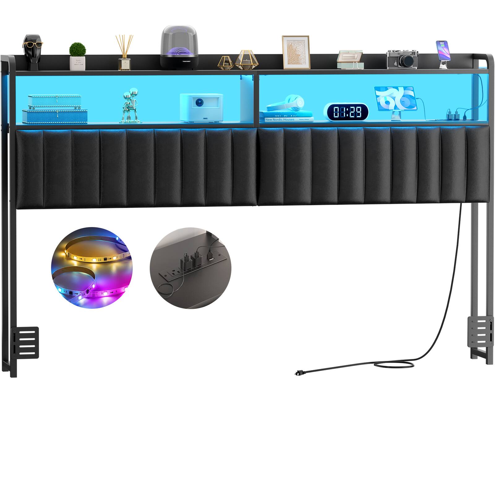 Back. Aheaplus - Upholstered Headboard for King Bed, Headboard with LED Lights and Power Outlet - Black.