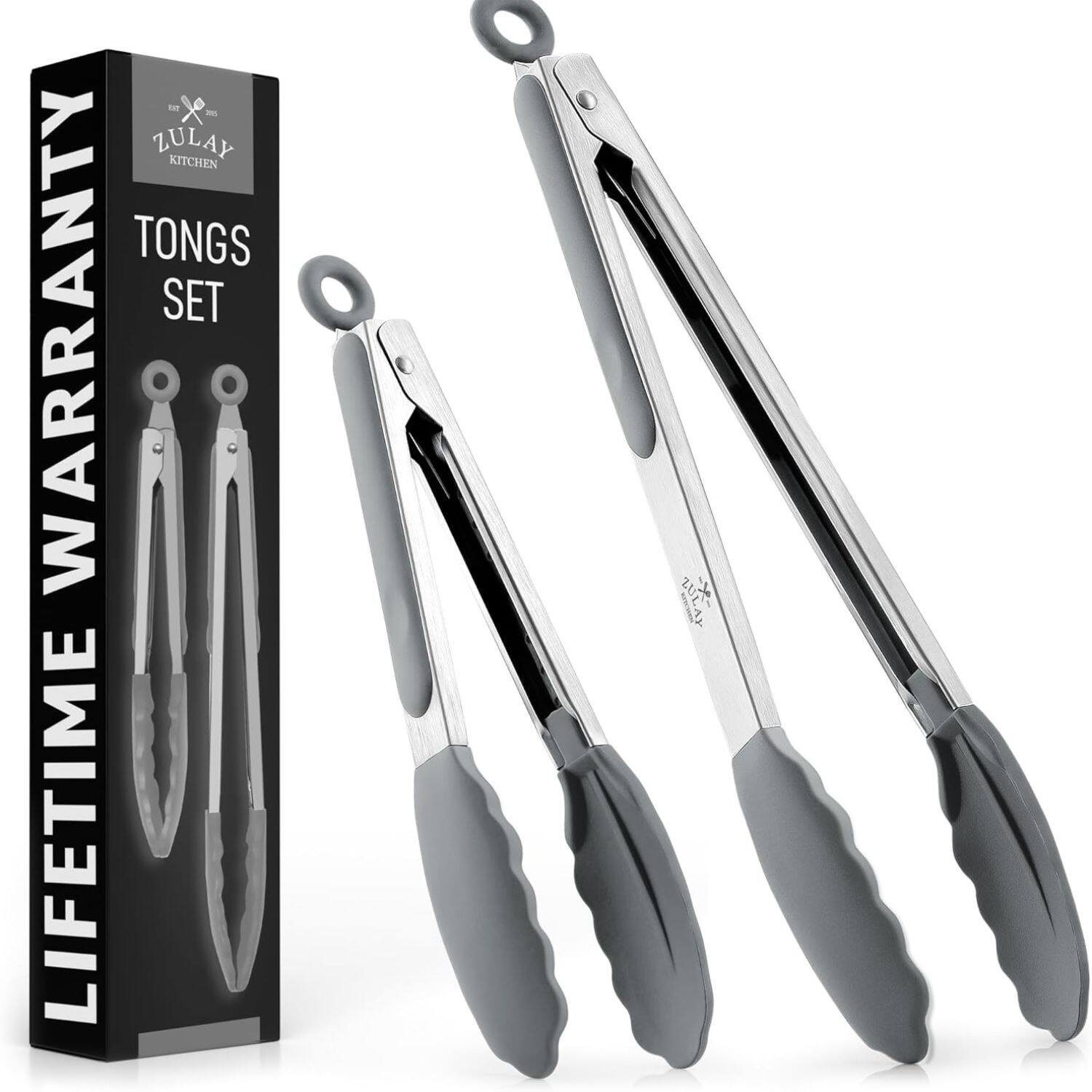 Zulay Kitchen - Stainless Steel Locking Cooking Tongs with Silicone Tips - Set of 2 (9” & 12”) - Gray
